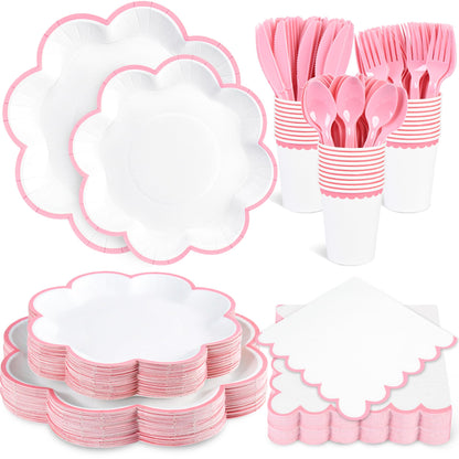 350 Pcs Pink and White Paper Plates and Napkins Set, 10" White Dinner Plates with Pink Scalloped Edge, 8" Scalloped Dessert Plate, Napkins, Cups