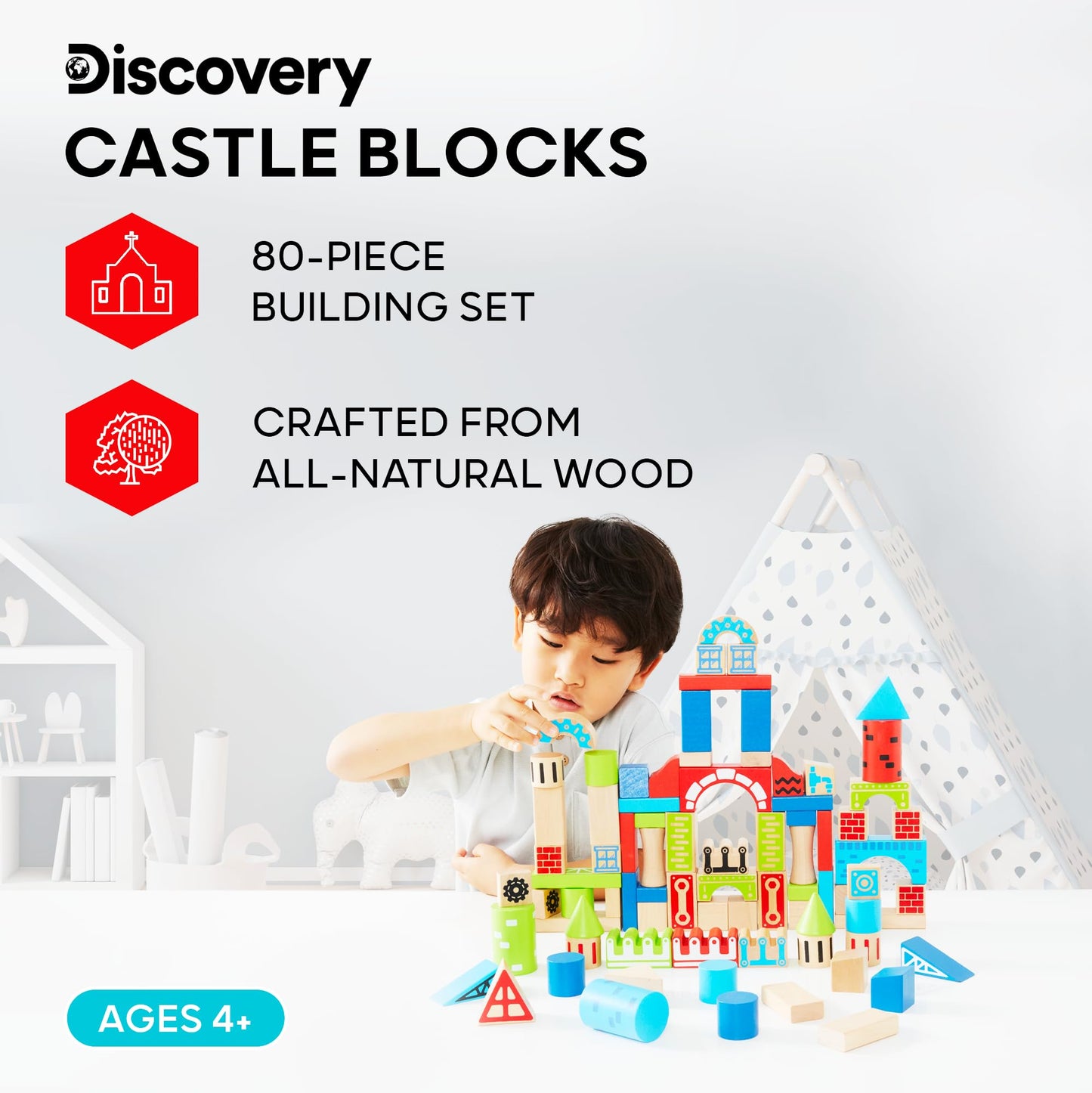 Discovery™ Wood Castle Blocks 80-Piece [Amazon Exclusive] Natural Wooden Building & Stacking Set, Imagination & Creativity Kids Activity Kit