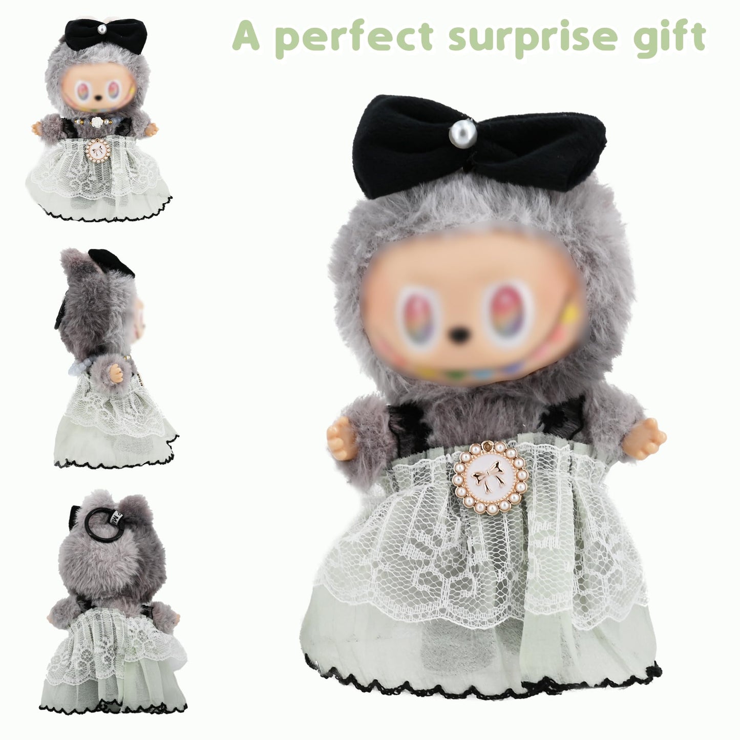 Evowatt 2-Piece Doll Outfit Set for Labubu Dolls - Hair Clip and Dress Set, Adorable Clothing Accessories for 17cm Dolls (Doll Not Included)_Green