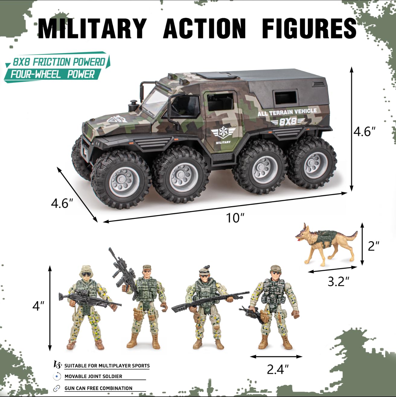 i diy Military Vehicle & Police Car Toy Set with Sound Lights Music, 4 Army Men Action Figures & K9 Dog - Friction Powered Battle Playset for Kids