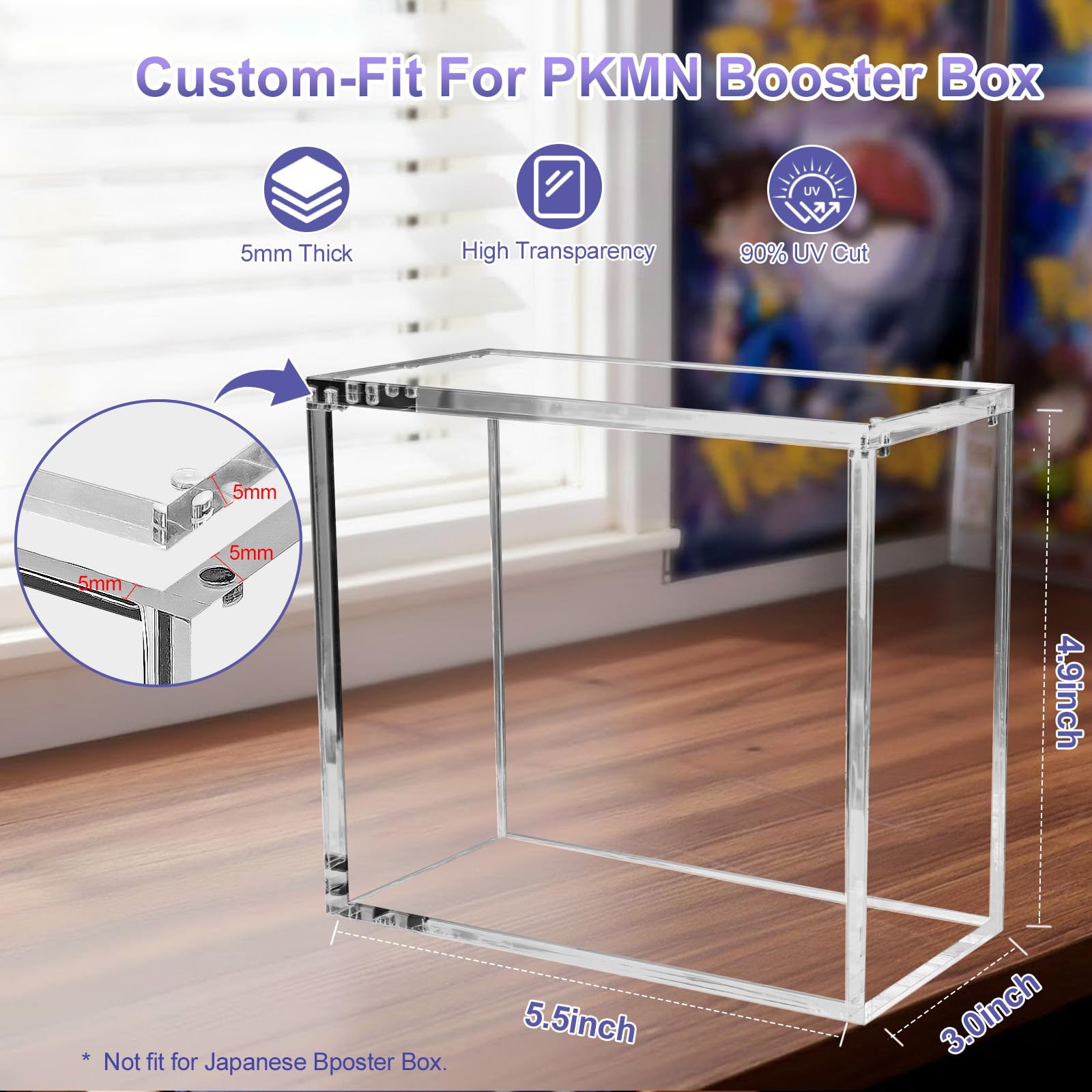 PKMN Booster Box Display Case, Clear Acrylic Protector for Booster Box TCG Trading Card | 5mm Thick with Magnetic Lid, UV Blocking & Dust Proof