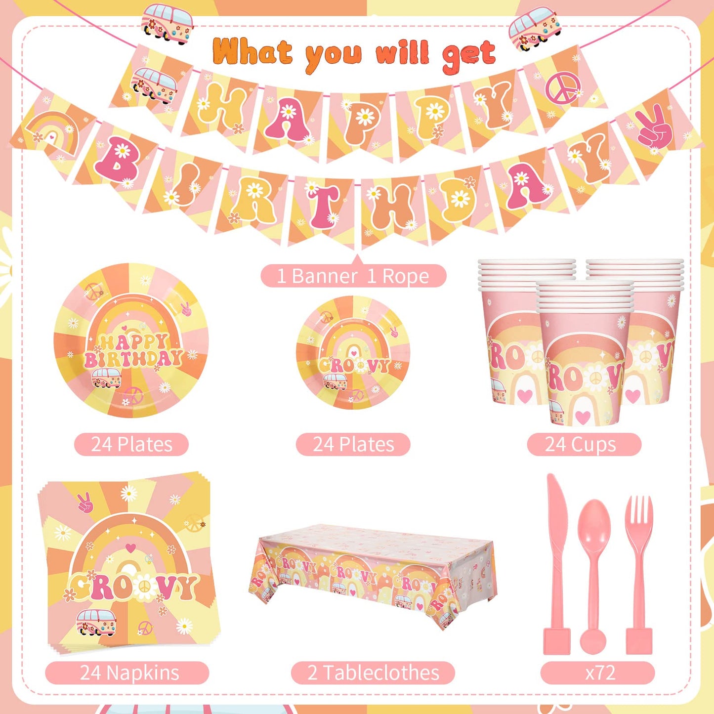 189 Pcs Two Groovy Birthday Party Tableware Set, Groovy Boho Hippie Daisy Tablecloth 24 Guests Dinner Plates Dessert Plates Cups and Napkins for Girl