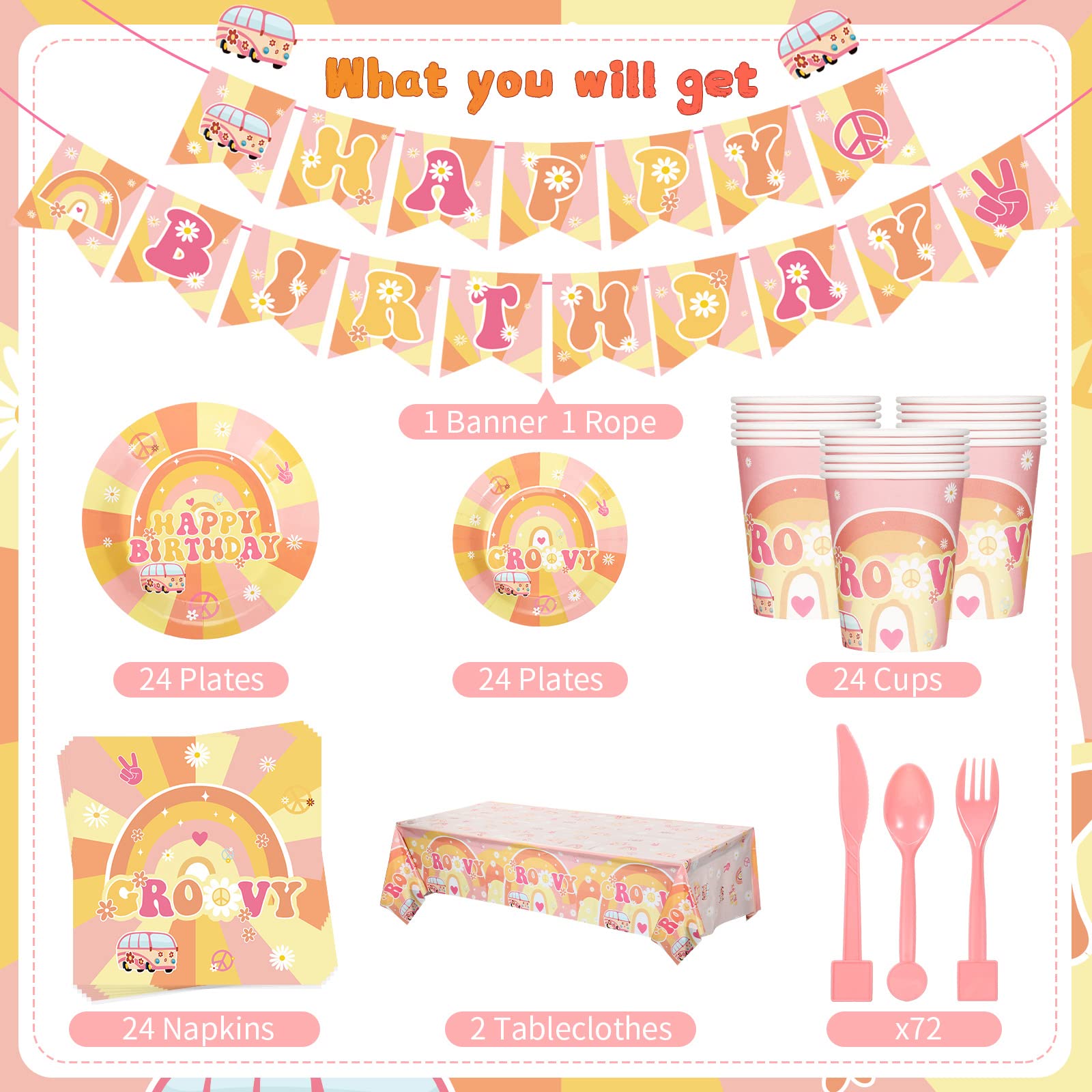 189 Pcs Two Groovy Birthday Party Tableware Set, Groovy Boho Hippie Daisy Tablecloth 24 Guests Dinner Plates Dessert Plates Cups and Napkins for Girl