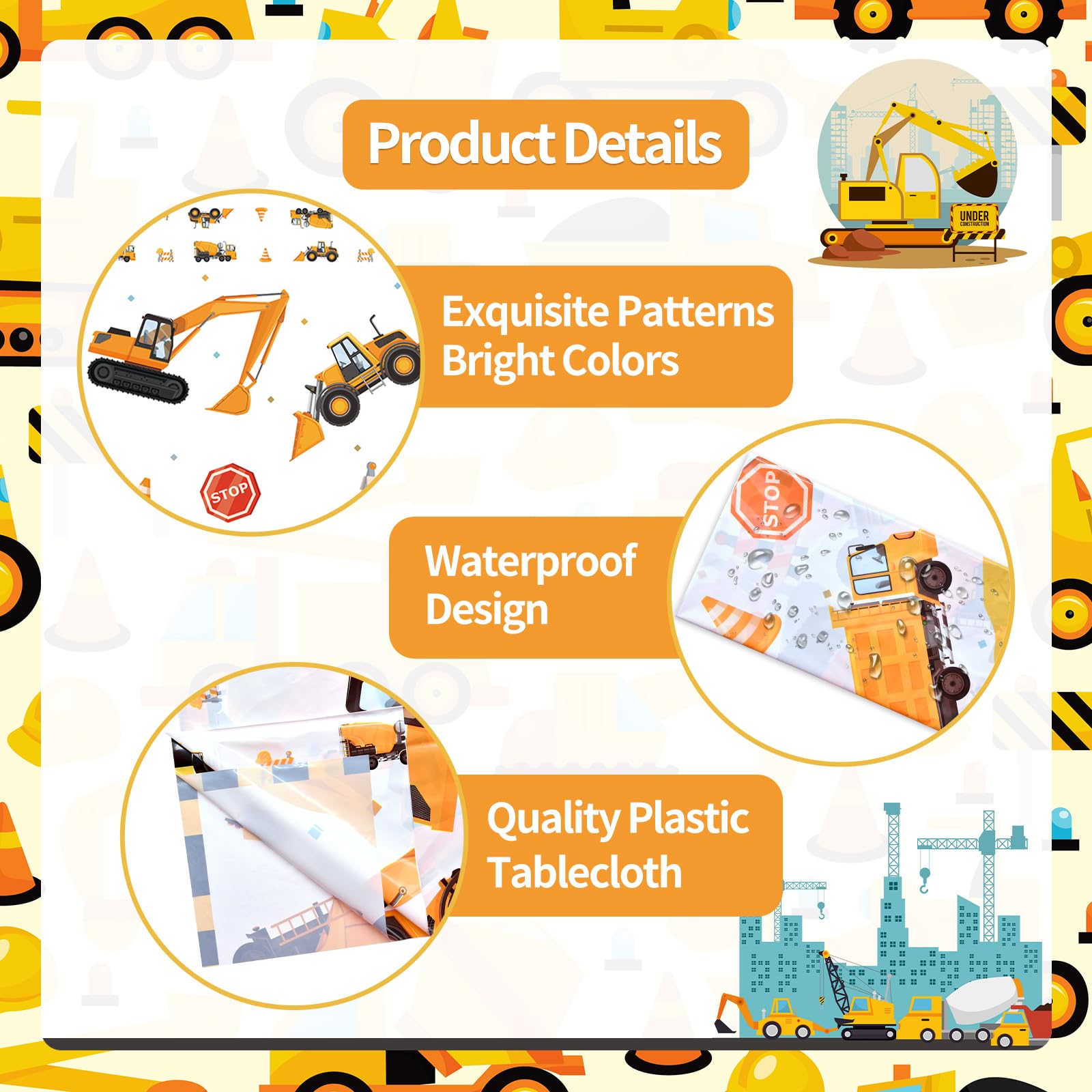 3-Piece 51 x 87 Inch Construction Plastic Tablecloth - Dump Truck and Traffic Sign Design, Disposable Rectangle Table Cover for Boys Birthday, Truck