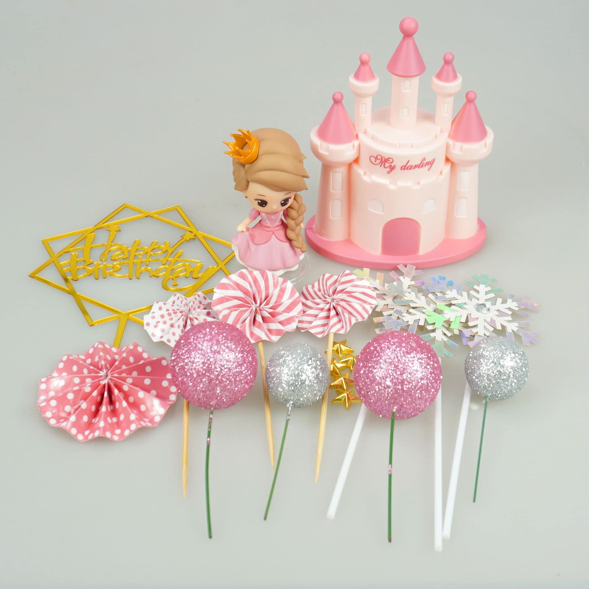 19 PCS Princess Cake Topper Castle Cake Decoration with Snowflake and Stars for Princess Birthday Supplies (Pink)