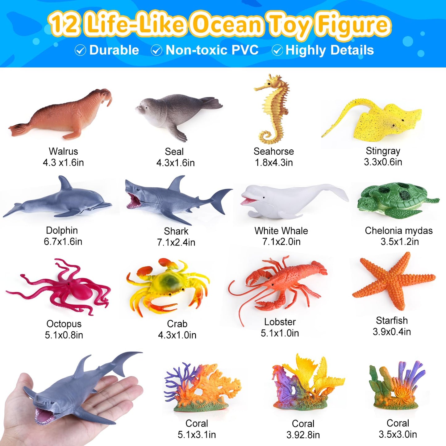 GINMIC Kids Ocean Animals Toys with Large Play Mat , 18 Pack Assorted Realistic Sea Animal Toys with Carrier Bag Including Shark, Whale, Dolphin etc