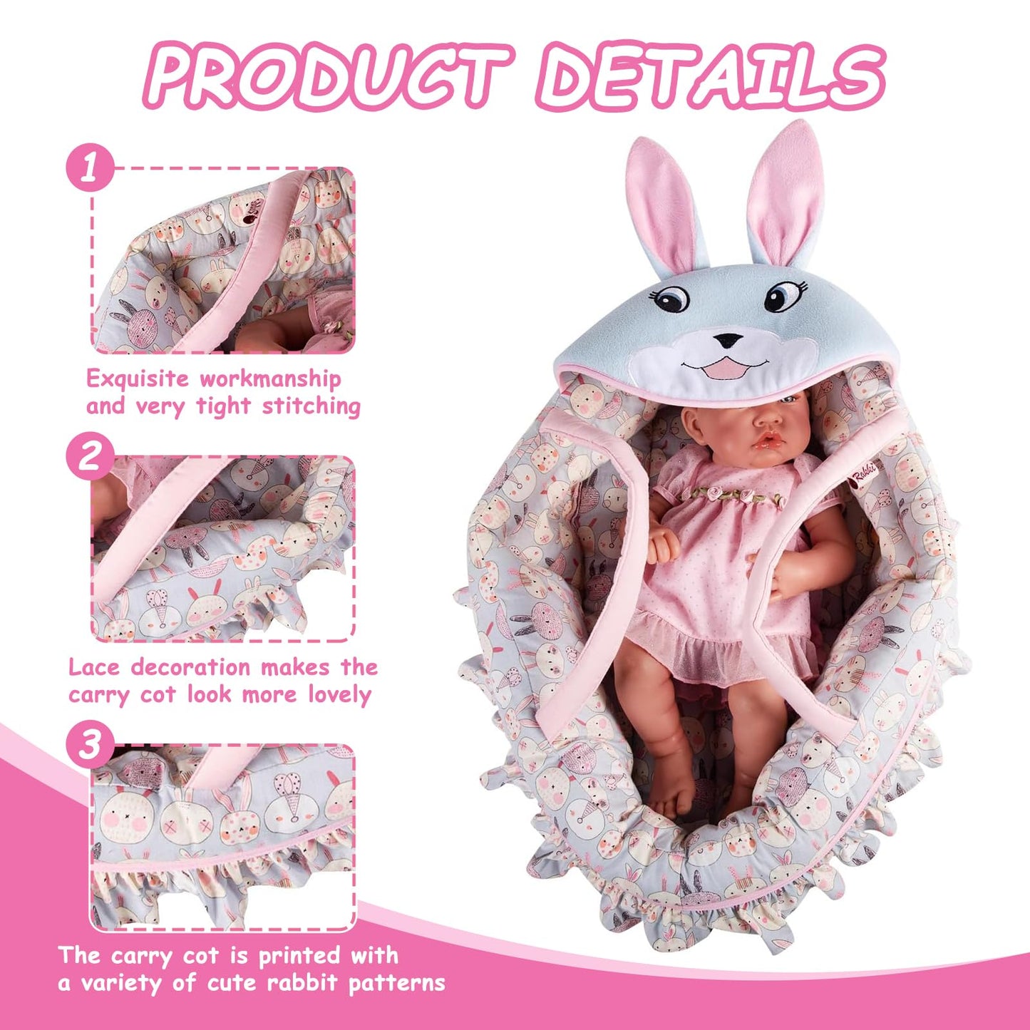 Rakki Dolli Doll Carry Cot Doll Carry Crib Doll Carrier with Fashion Embroidered Rabbit Face, Fits for 16” 18” American Girl Dolls