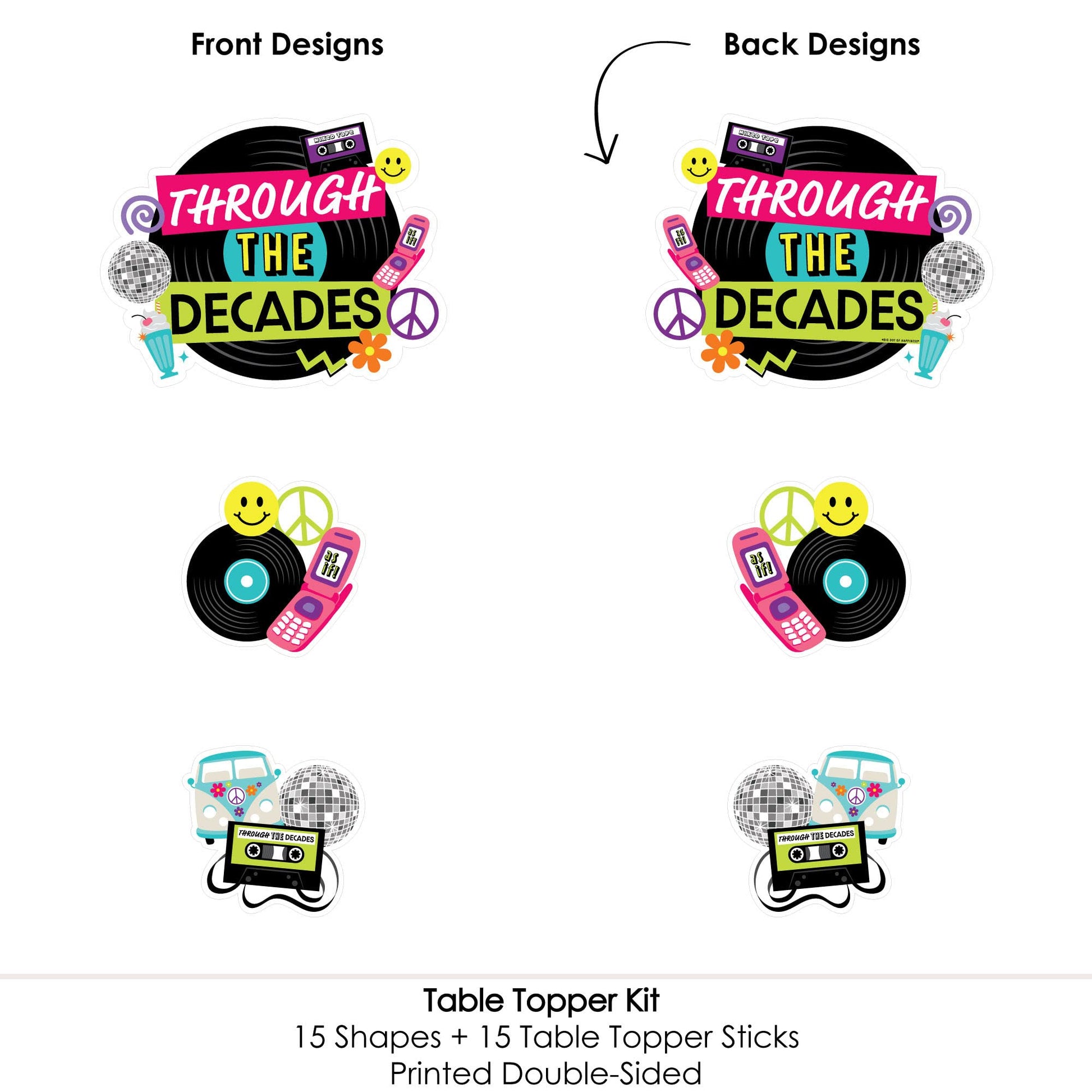 Big Dot of Happiness Through the Decades - 50s, 60s, 70s, 80s, and 90s Party Centerpiece Sticks - Table Toppers - Set of 15