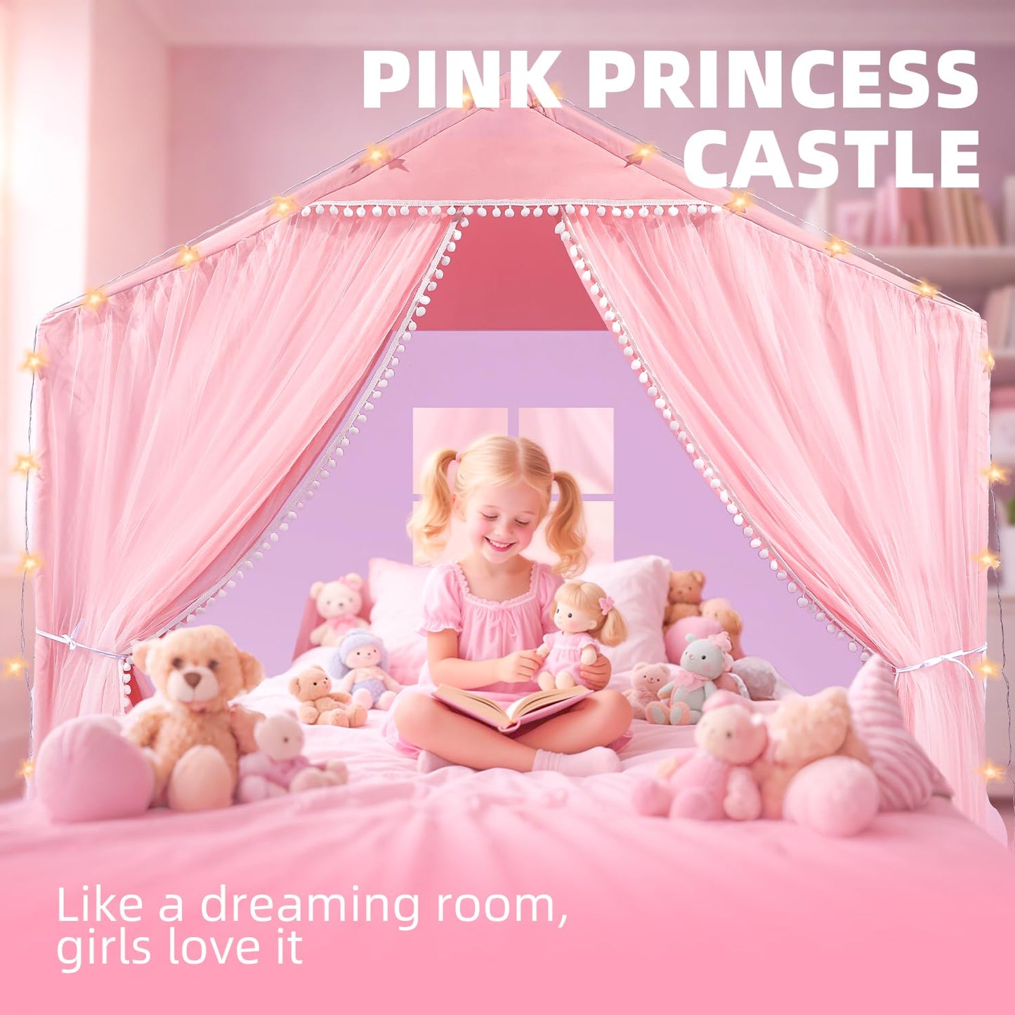 Kids Play Tents Indoor Outdoor Toddler Tent Kids Playhouse Tent Large Teepee Castle (Pink)