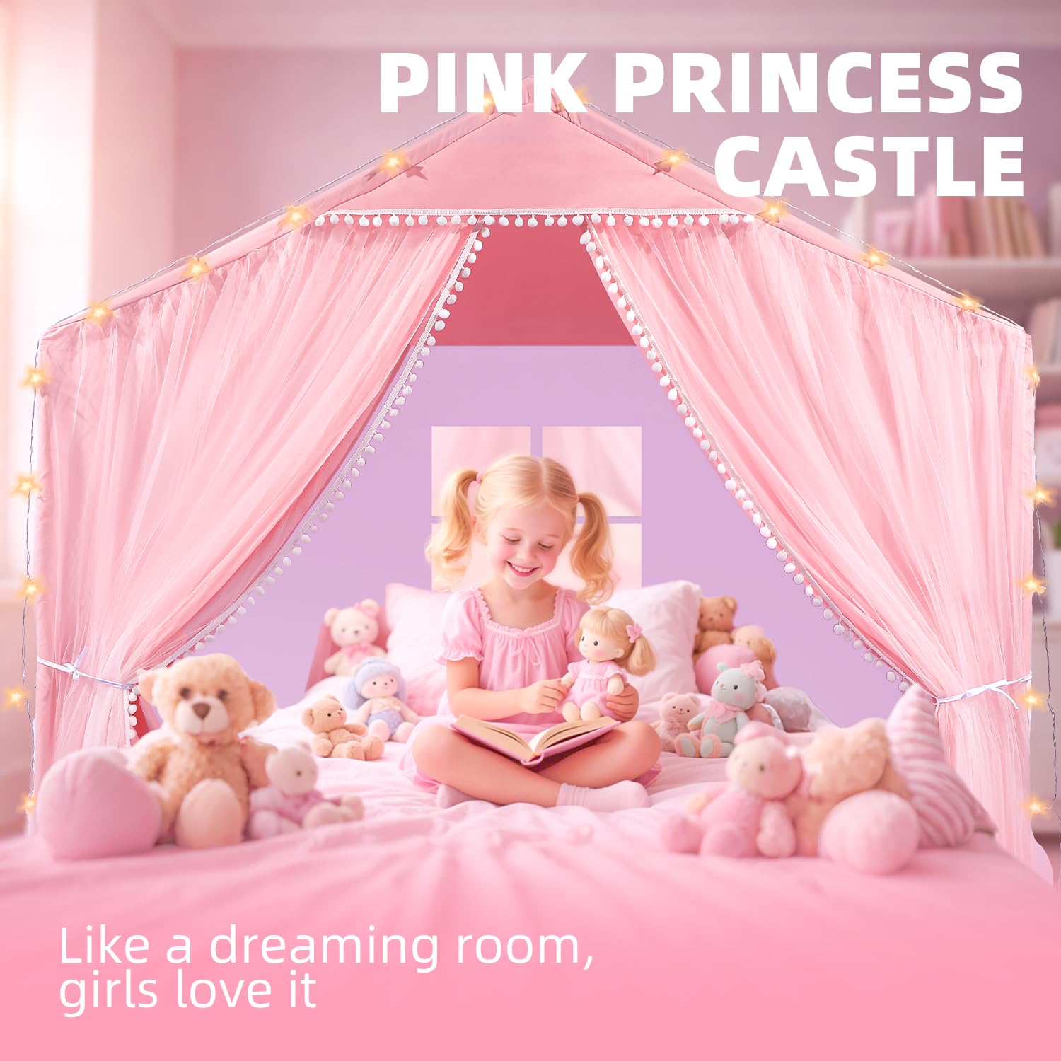 Kids Play Tents Indoor Outdoor Toddler Tent Kids Playhouse Tent Large Teepee Castle (Pink)