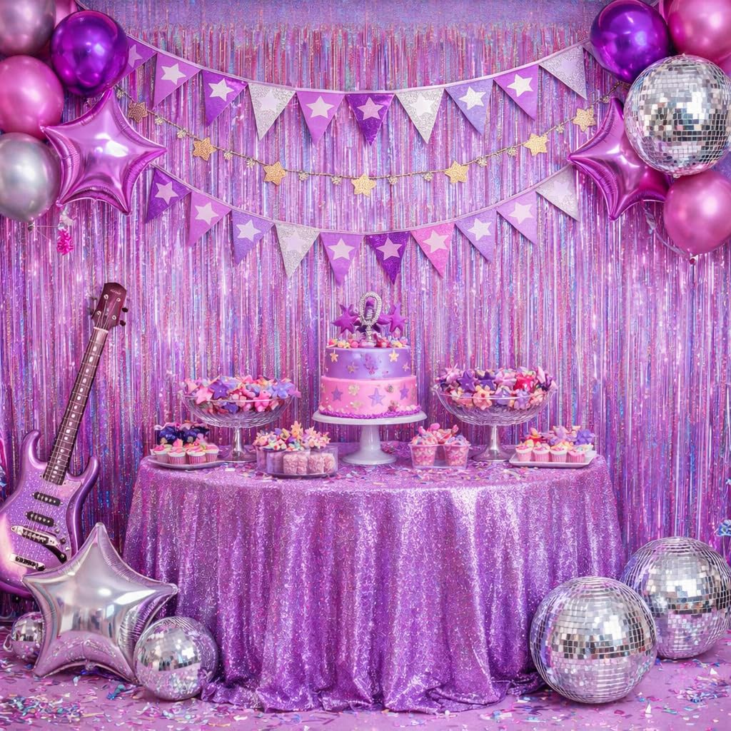 Melsan Purple Pink Tinsel Backdrop for Birthday, 2 Pack 3.2ft x 8ft