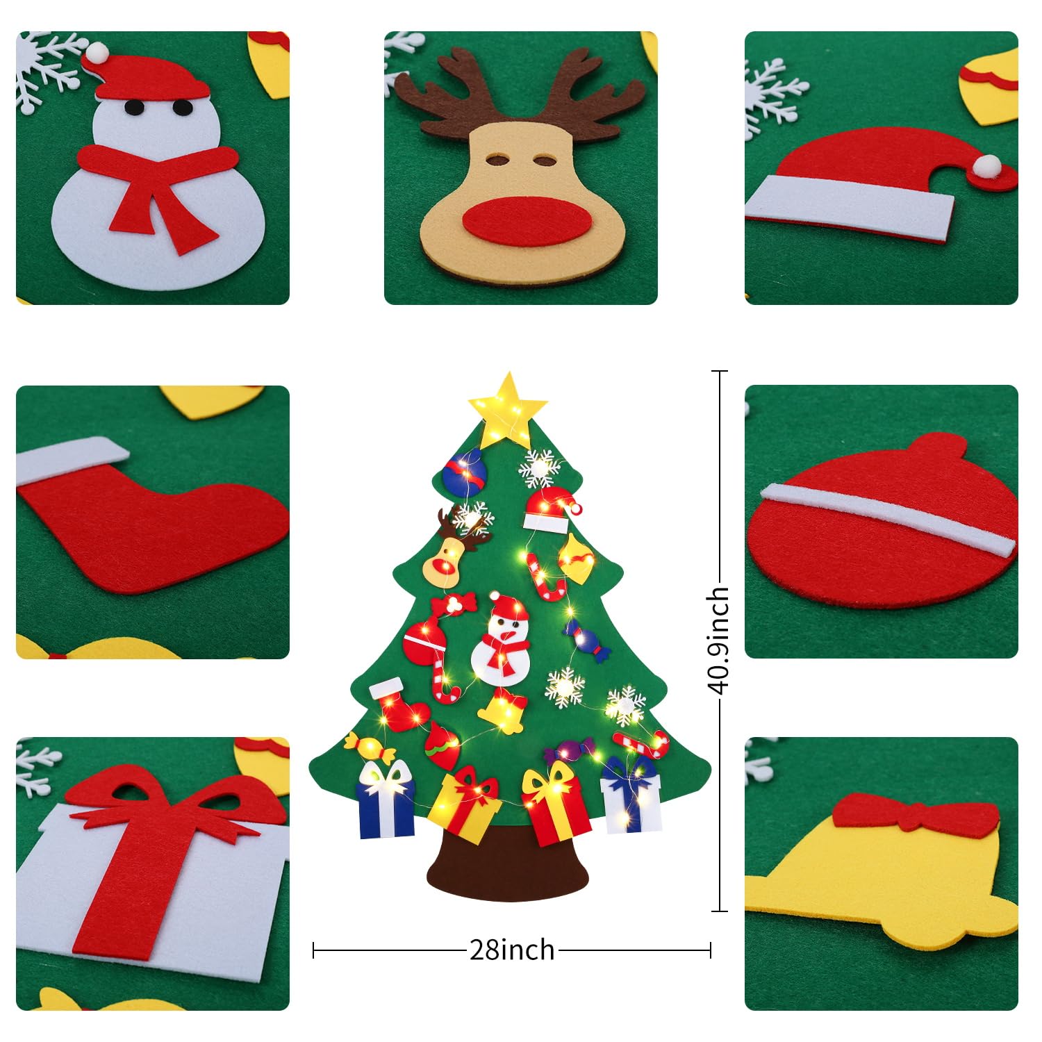 Abakuku 3FT DIY Felt Christmas Tree for Kids with 31pcs Detachable Ornaments,Wall Hanging Xmas Christmas Decorations with String Light (Batteries Not