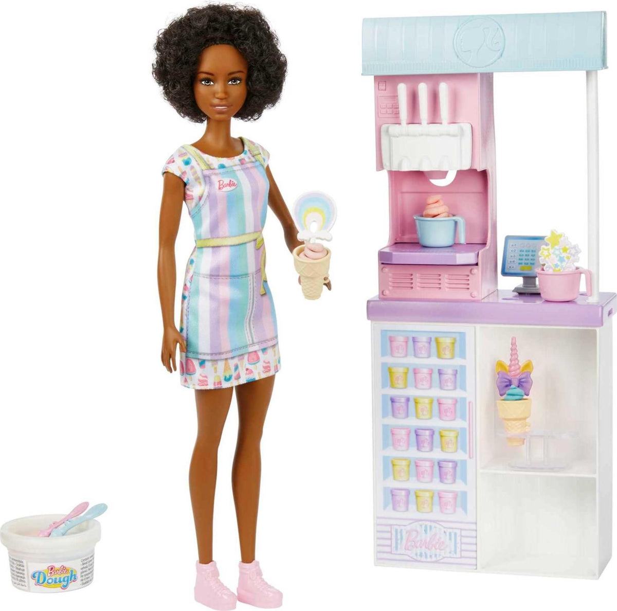 Barbie Ice Cream Shop Playset with 12-in Brunette Doll, Ice Cream Making Feature, 2 Dough Containers, 2 Bowls, 2 Cones, 3 Decorative Toppers, 2 Spoons