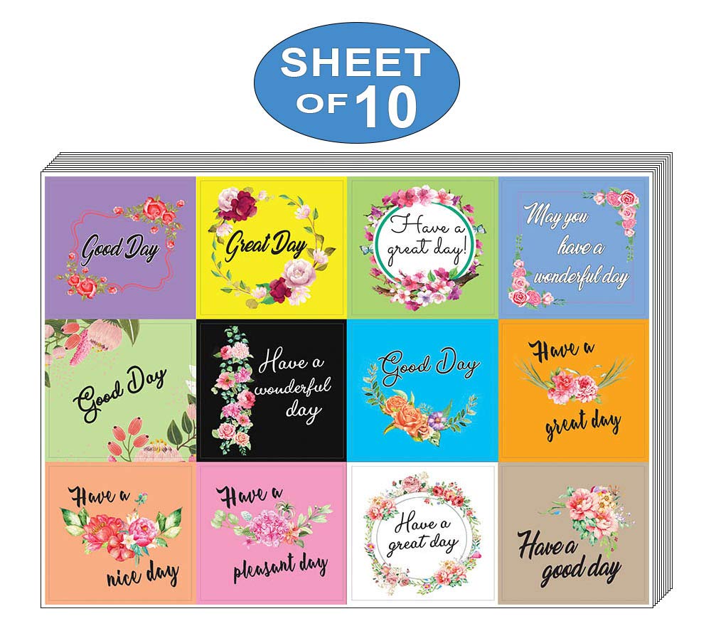 Creanoso Flower Theme Greetings Stickers (10-Sheet) - Total 120 pcs (10 X 12pcs) Individual Small Size 2.1 x 2. Inches, DIY Decoration Art Decal