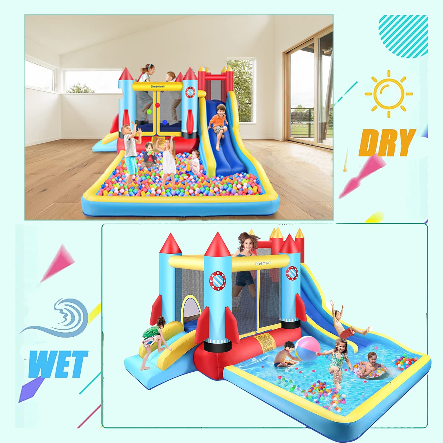 HYPOAI Bounce House,Inflatable Bounce Castle with Blower for Kids 3-12,Outdoor/Indoor Bouncy House Water Park for Backyard with 2 Splash