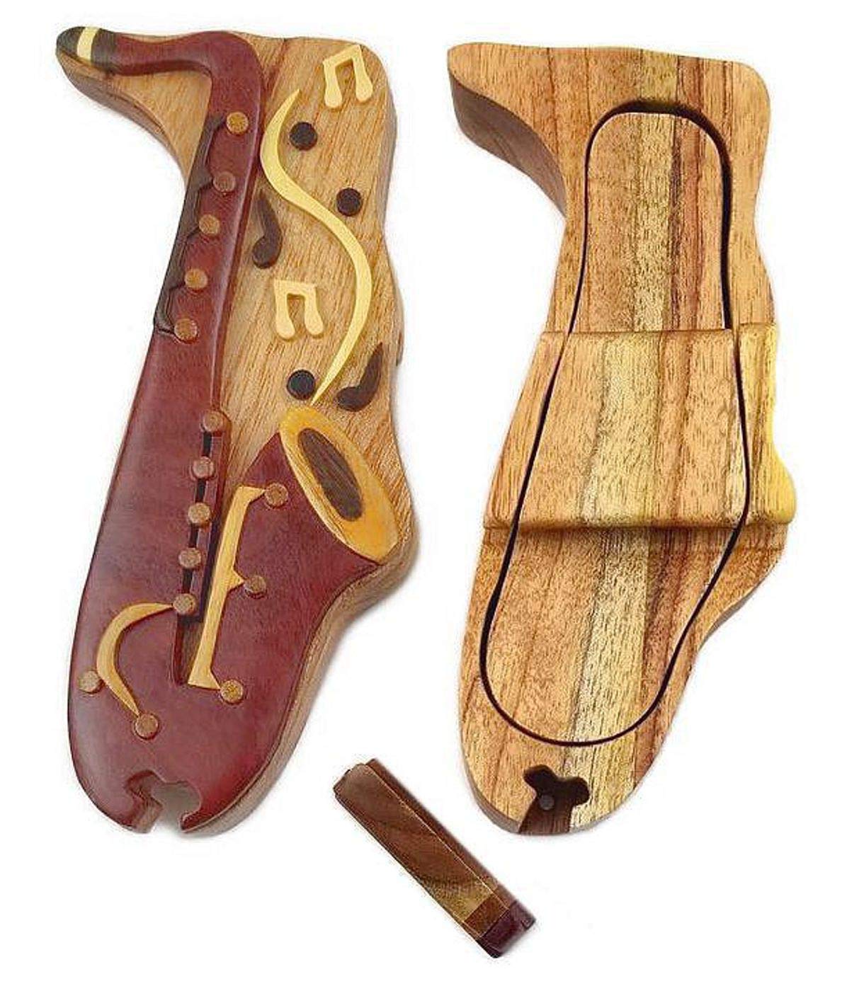 Saxophone with Musical Notes All Natural Exotic Woods Puzzle Box, 7 x 3.5 x 2 with Sliding Wooden Magnetic Key Lock, Sliding Cover and Inner Lid