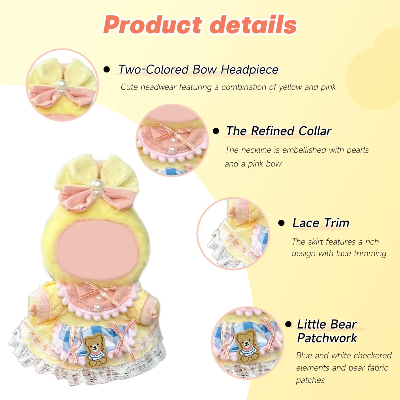 17cm Doll Costume Set(3PCS) - Yellow Pink Pearl Bow, Bear Patch Lace Dress, Pink Bear Shoes?No Doll Included (Style J)