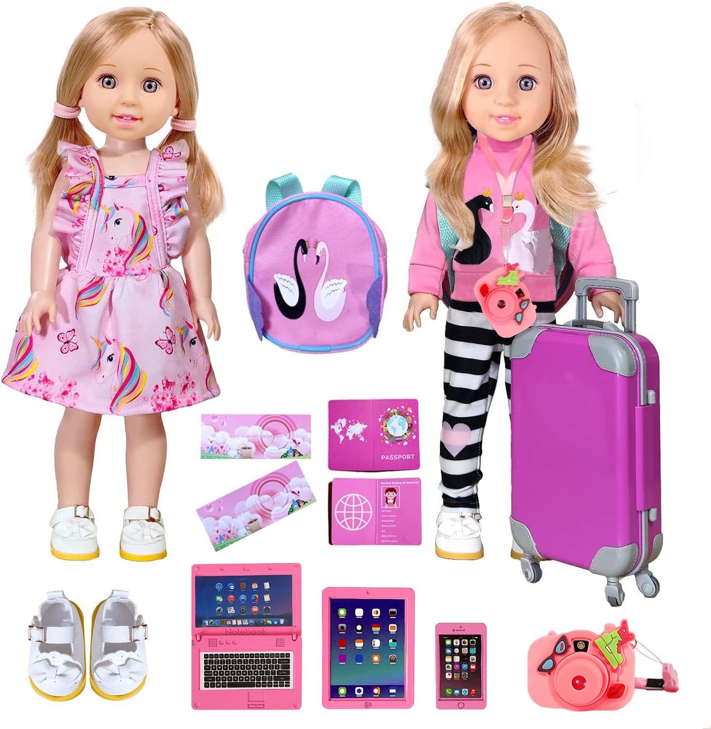 ARTST 14-Inch-Girl-Doll-Travel-Suitcase-Play-Set Doll- Clothes- Accessories Including Luggage Cute Backpack 2 Sets of Clothes- Shoes Camera Computer