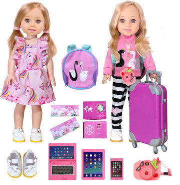 ARTST 14-Inch-Girl-Doll-Travel-Suitcase-Play-Set Doll- Clothes- Accessories Including Luggage Cute Backpack 2 Sets of Clothes- Shoes Camera Computer