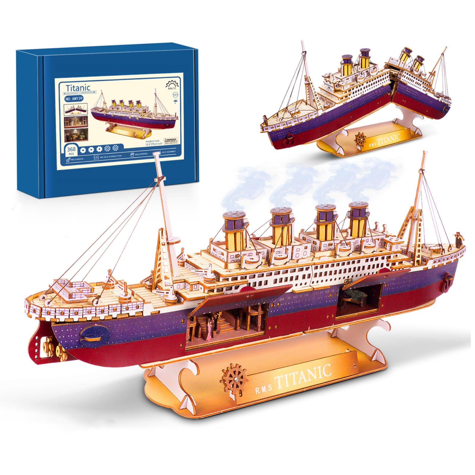 Vziimo Titanic 3D Puzzles for Adults, LED Titanic Metal Ship Model Building Kits for Home Desk Decor, 368 Pcs Wooden DIY Arts and Crafts Collection
