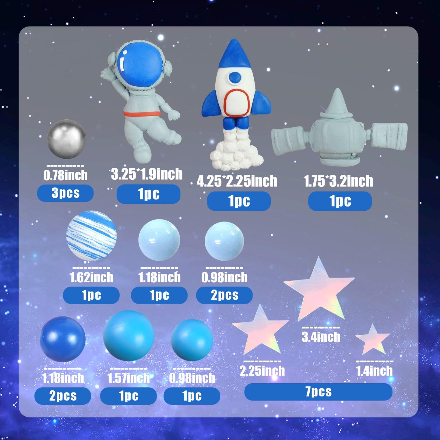 Clay Space Cake Toppers: Astronaut Figurines, Rocket Balls, Stars - Kids Space Theme Decorations for Birthday Party Supplies, Baby Shower