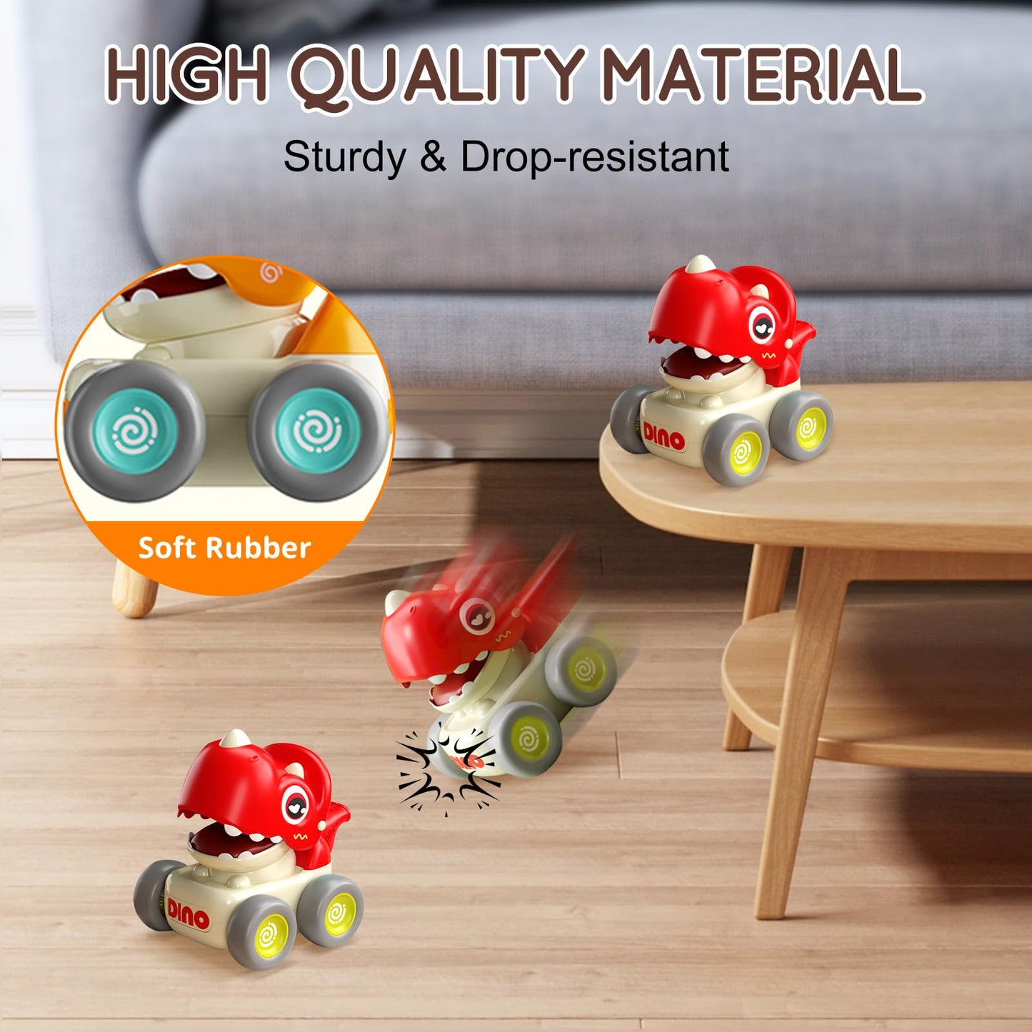 TnLoji Dinosaur Racing Cars for Toddlers 1-3, Baby Press and Go Car Toys, Infant Play Vehicle Set with Whistle, Baby Push Go Friction Car Toys
