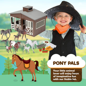 Constructive Playthings Deluxe Toy Horse Stable Playset with 8 Horse Toys and Accessories, BPA-Free Farm Set, Use and Birthday Gifts, Brown, 23 pc