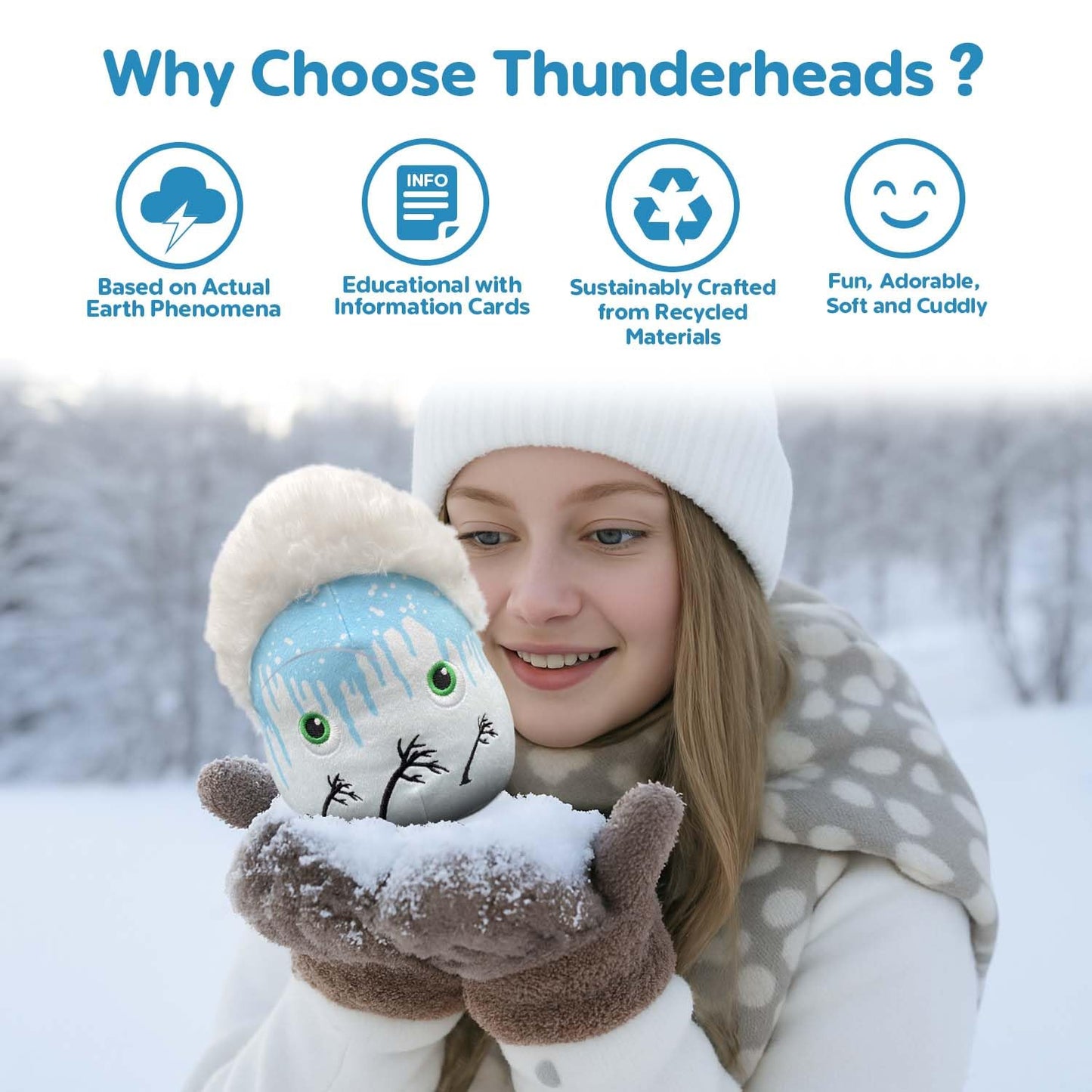 Thunderheads Blizzard Plushie, Educational Storm Plush with Fun Fact Card, Soft Collectible Toy for Earth Science, Sustainable STEM Tool and Weather