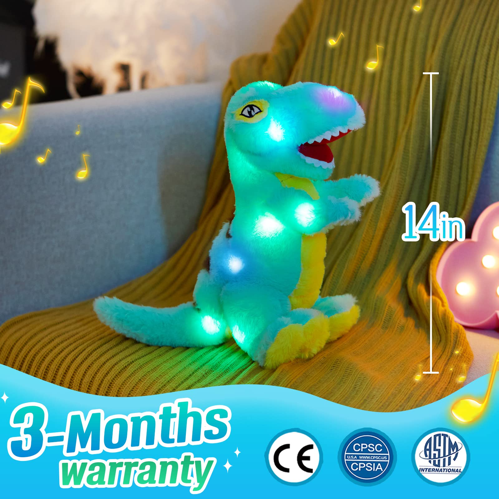 Glow Guards Light up Musical T-Rex Dinosaur Stuffed Animal,Soft Dinosaur Plush Toy with LED Night Light&Lullaby Glow in the Dark,Birthday Children's