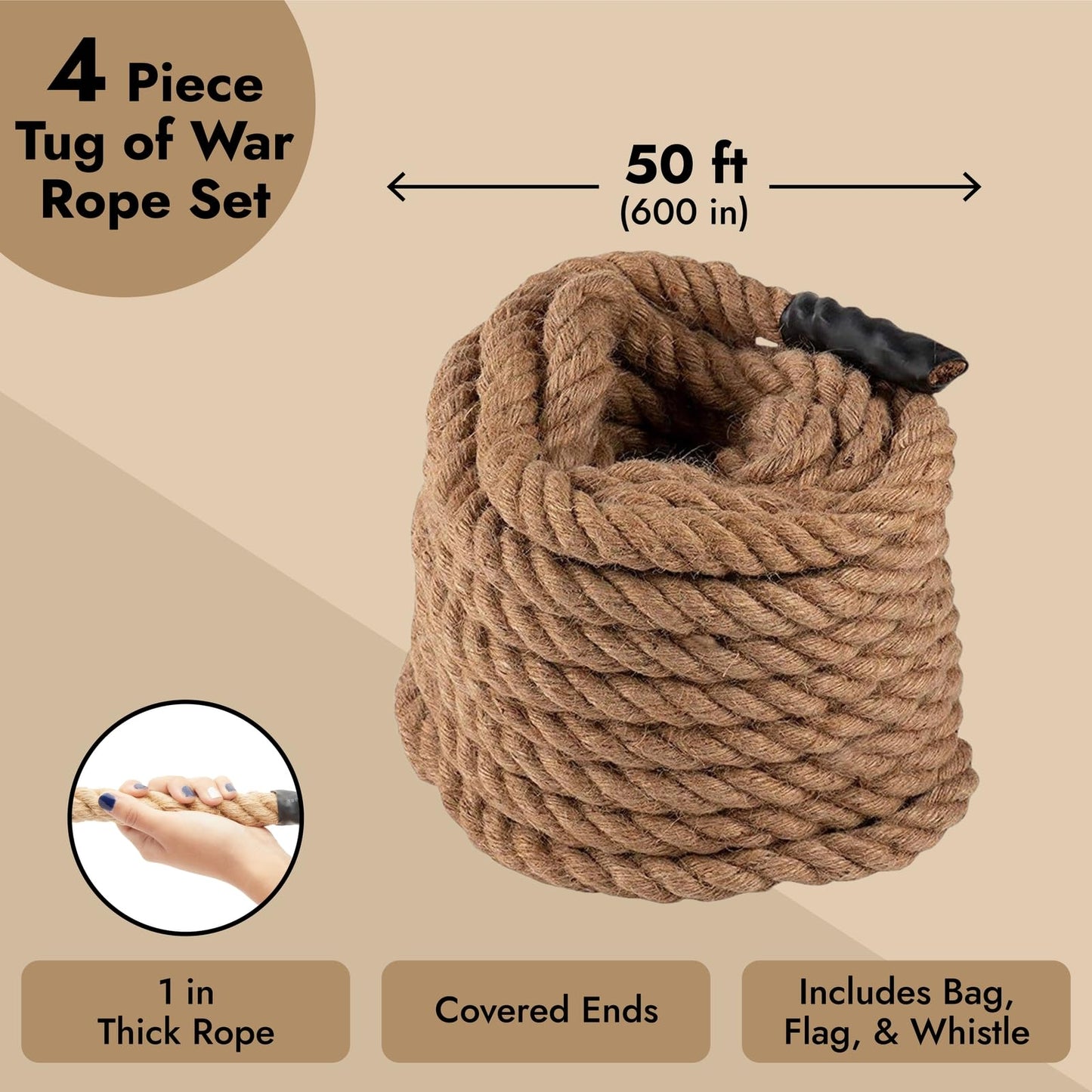 BLUE PANDA Field Day Tug of War Rope - 50 ft Brown Jute - Team Building Activity & Summer Camp Outdoor Rope with Flag & Whistle for Relay Race, Sack