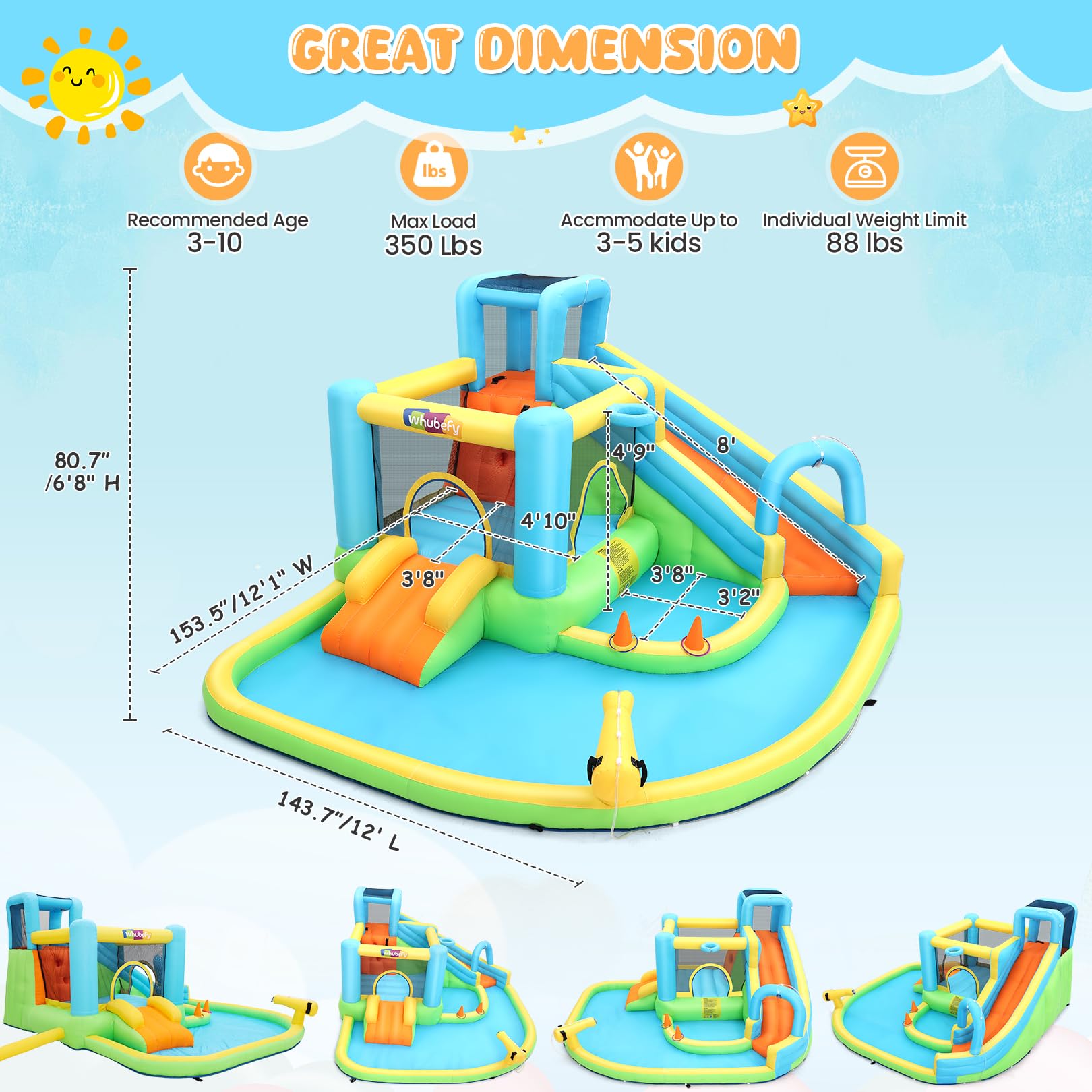 Whubefy 12.8x12Ft Large Water Bounce House Double Slides for Big Kids 3-12