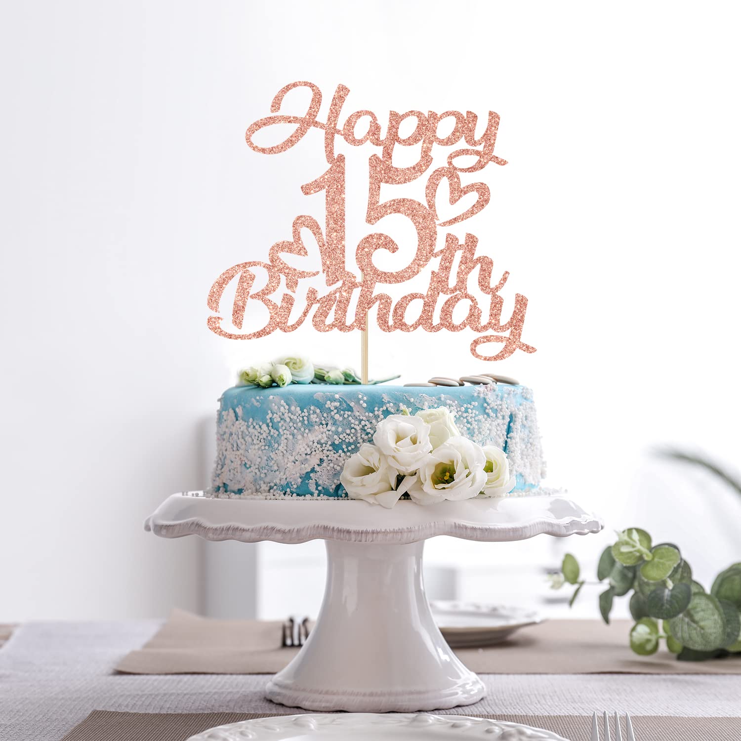 Unoggsor Rose Gold Glitter Happy 15th Birthday Cake Topper - Hello 15, Cheers to 15 Years, 15 & Fabulous, 15th Birthday/Anniversary Party Decorations