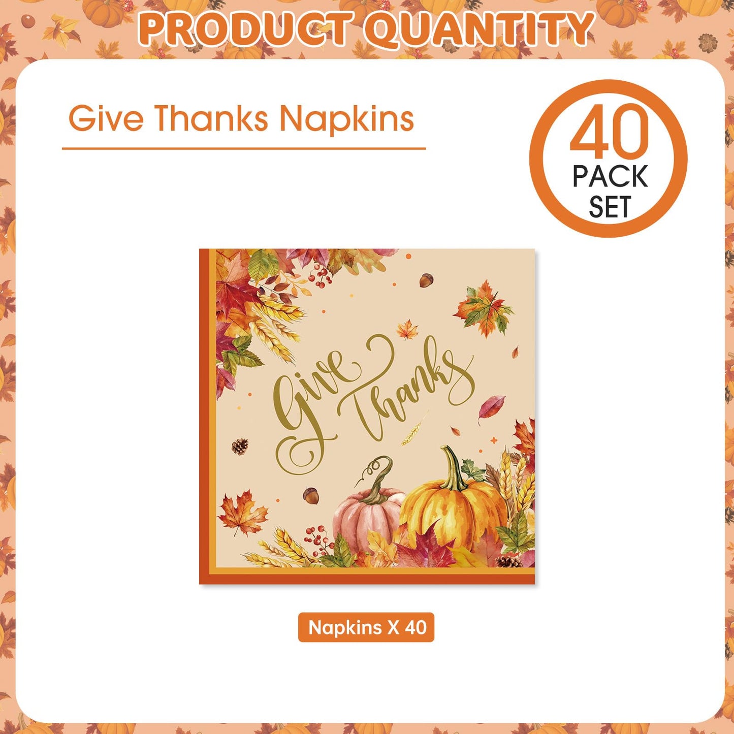 40 Pcs Thanksgiving Napkins 13 x 13 Inches - Fall Give Thanks Napkin, 3-Ply Pumpkin Maple Leaf Cocktail Disposable Paper Napkins Tableware Set