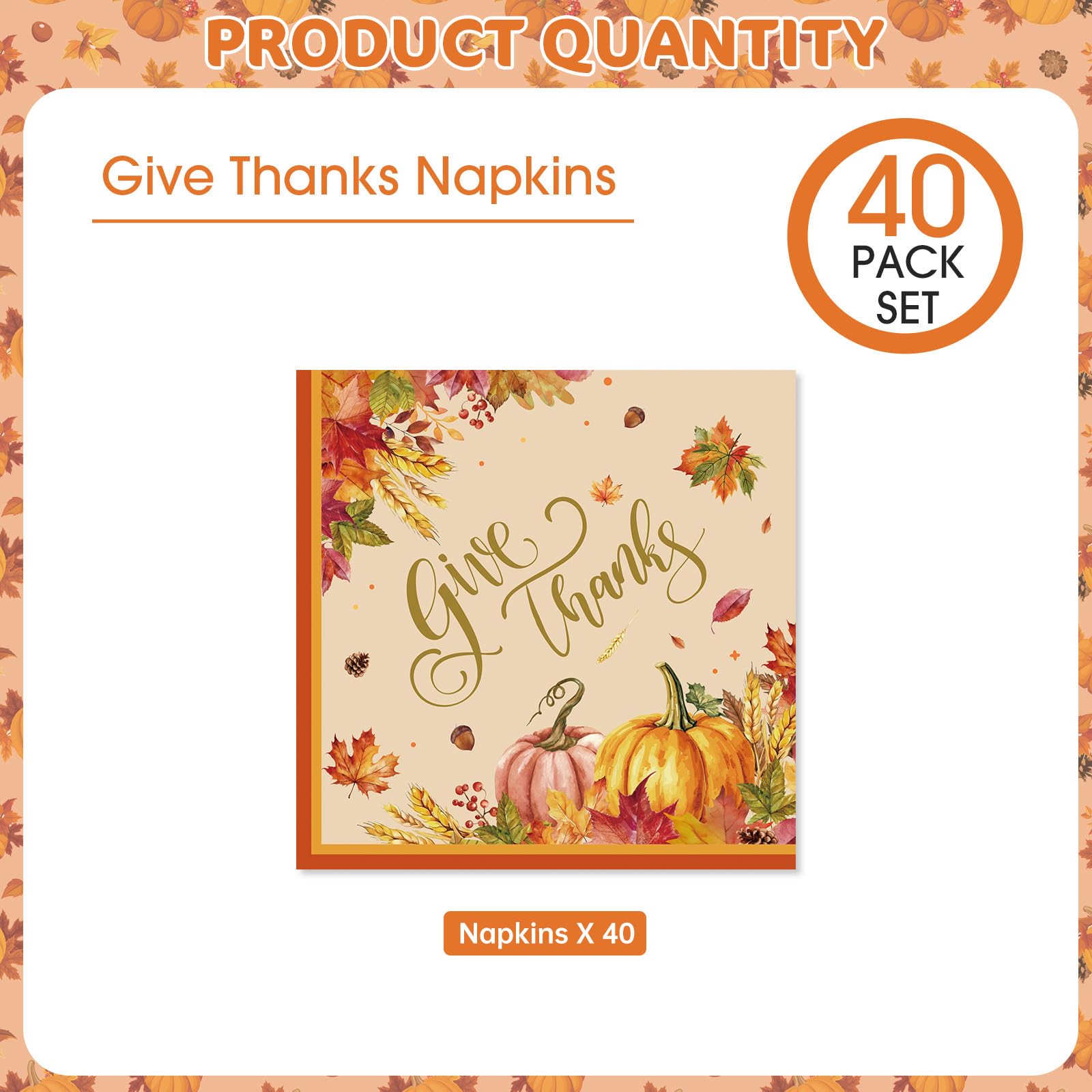 40 Pcs Thanksgiving Napkins 13 x 13 Inches - Fall Give Thanks Napkin, 3-Ply Pumpkin Maple Leaf Cocktail Disposable Paper Napkins Tableware Set