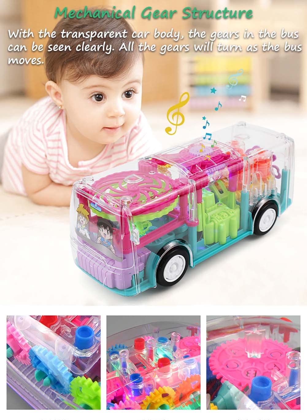 Miracland Transparent Mechanical Gear Bus - Electronic Vehicle With Universal Wheels, Lights, and Music - STEM Concept Racer Car Toy