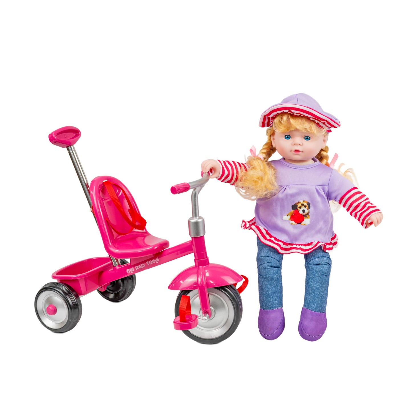 Kid Concepts 12? Soft Bodied Blonde Baby Doll & Tricycle Set - Adjustable 18? Handle, Storage Compartment, Comb & Mirror - Role Play Toy for Girls 3+