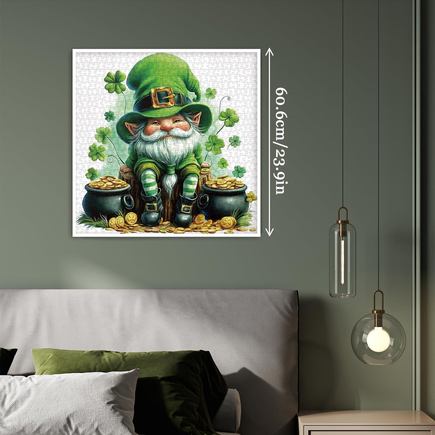 Larkipuzz Green Cute Gnome Puzzles for Adults 1000 Pieces, Art Holiday Plant Coin Jigsaw Puzzles, Beautiful Difficult Dwarf Puzzle