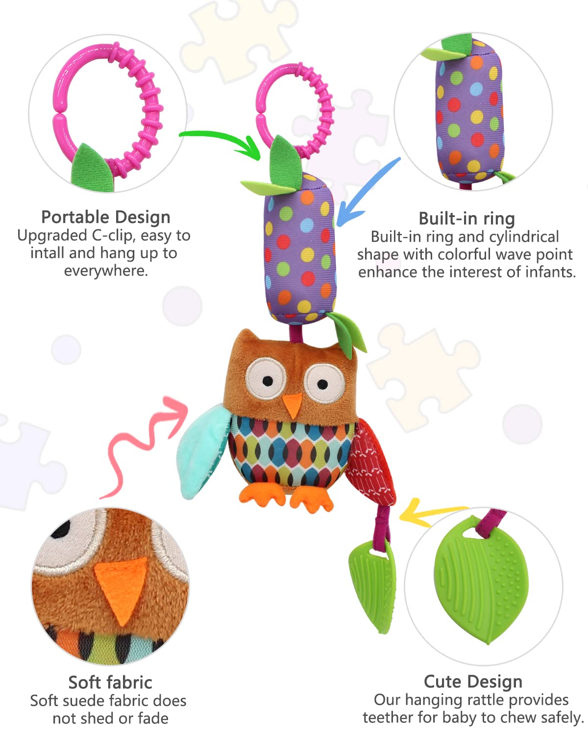 Bloobloomax Baby Soft Hanging Rattle, Car Seat Stroller Toys with Plush Animal C-Clip Ring for Infant Babies Boys and Girls 3 6 9 to 12 Months