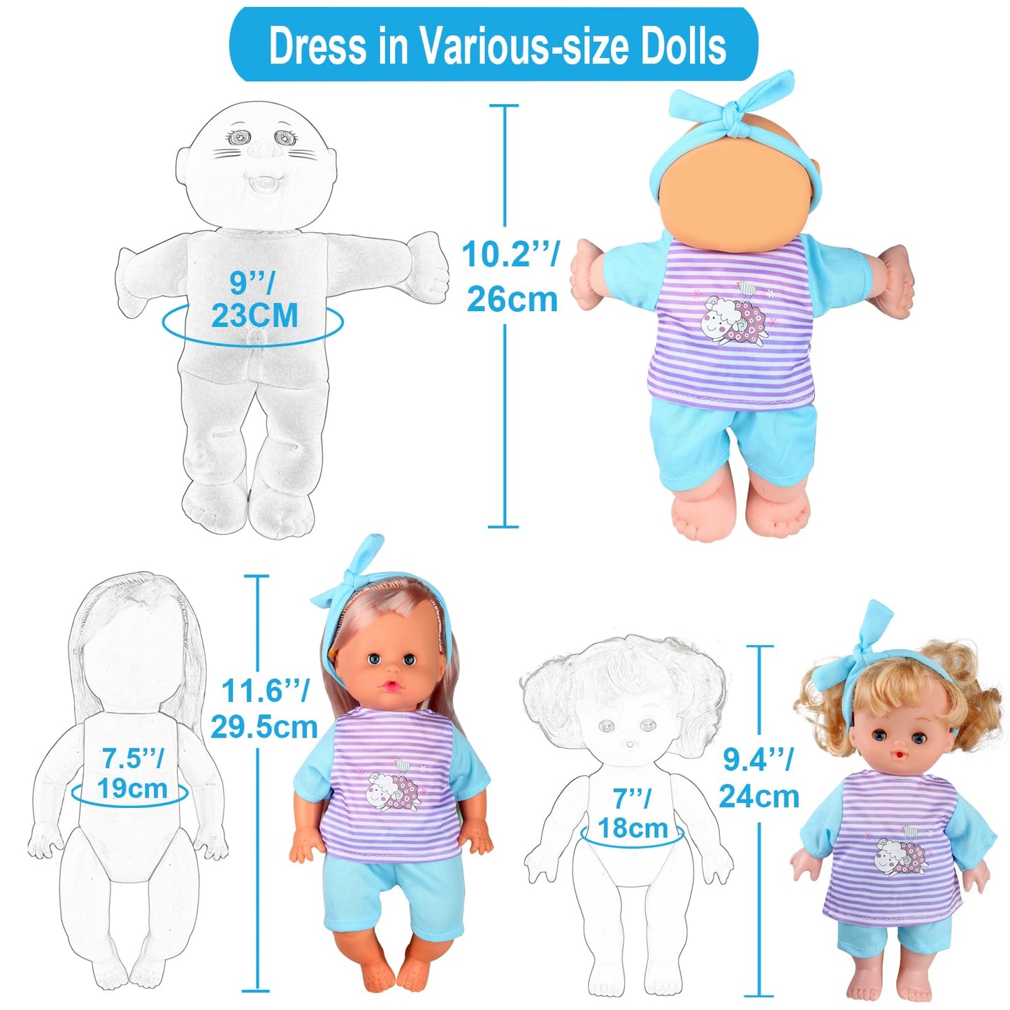 Young Buds 8pcs for 8-9-10 Inch Baby Doll Clothes Dress Newborn Baby Doll Accessories Gown Costumes Outfits with Schoolbag Xmas Gift-wrap