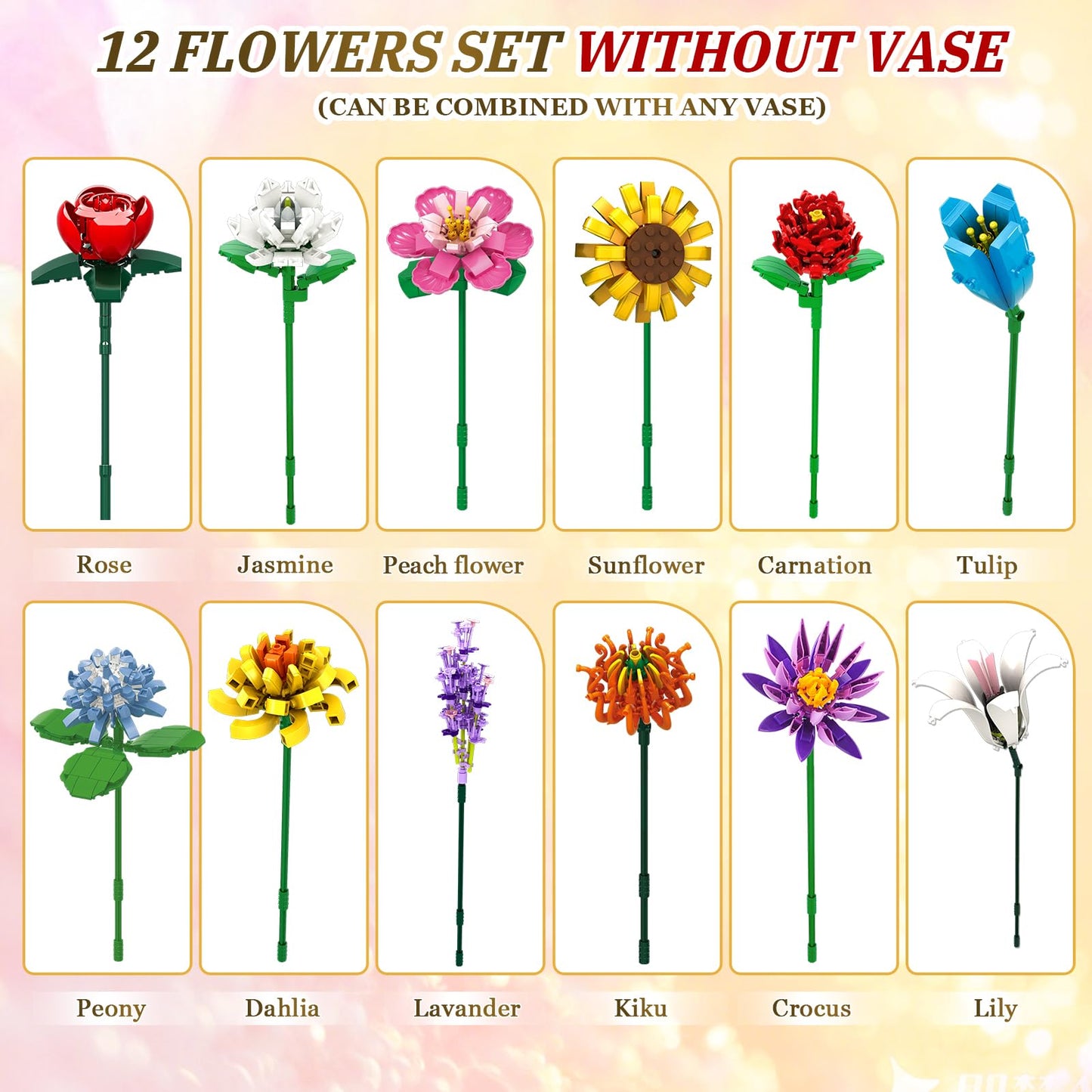 Rasout Flowers Bouquet Building Set - 12 Kinds of Flowers Botanical Collection and Decorative Home for Mother's Day, Birthdays, Gifts Ideal for 6+