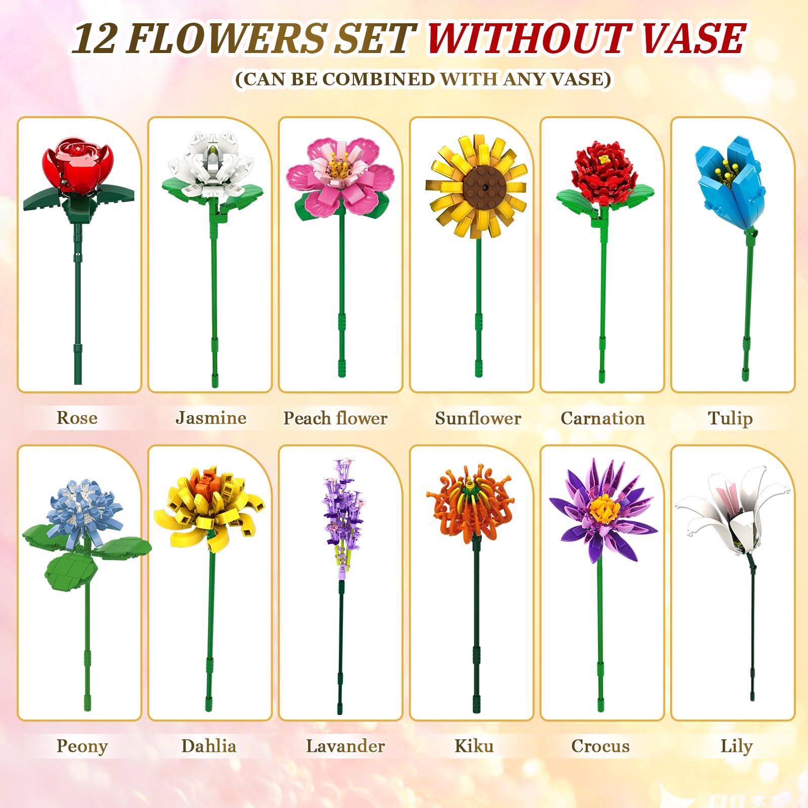 Rasout Flowers Bouquet Building Set - 12 Kinds of Flowers Botanical Collection and Decorative Home for Mother's Day, Birthdays, Gifts Ideal for 6+