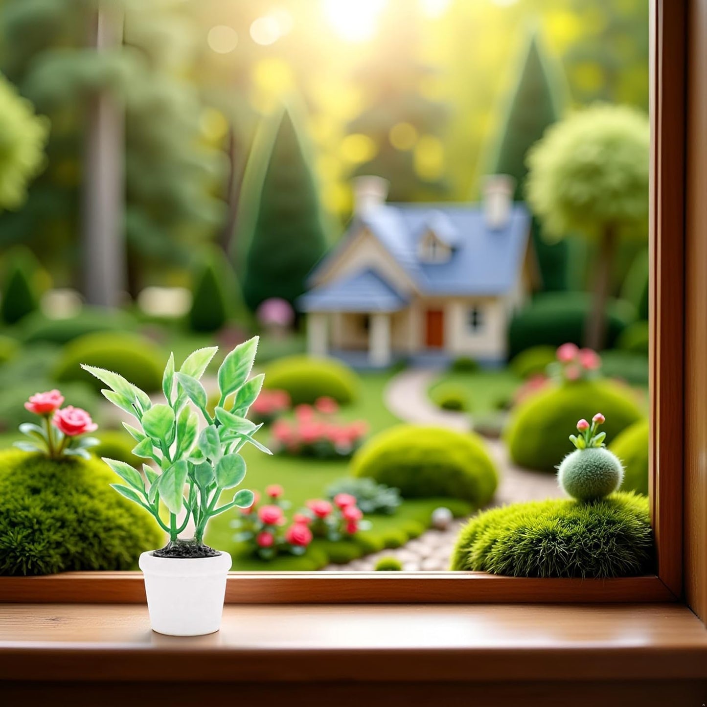 2Pcs Green Miniature Plants Dollhouse Decoration Accessories, Mini Potted Plant Artificial Tiny Greenery Ornament Miniature Hanging Potted Plant Faux