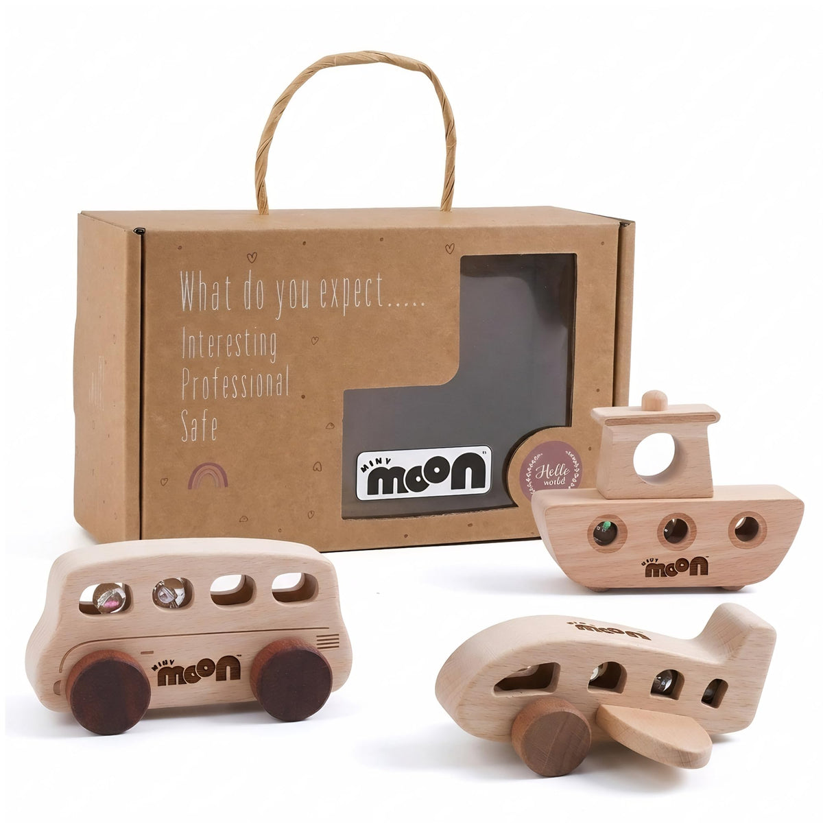 MINYMOON Wooden Toys for 1 Year Old - Montessori Baby Toy Set with Bus, Airplane & Boat - Minimalist Nursery Decor & Teething Safe Infant Toys