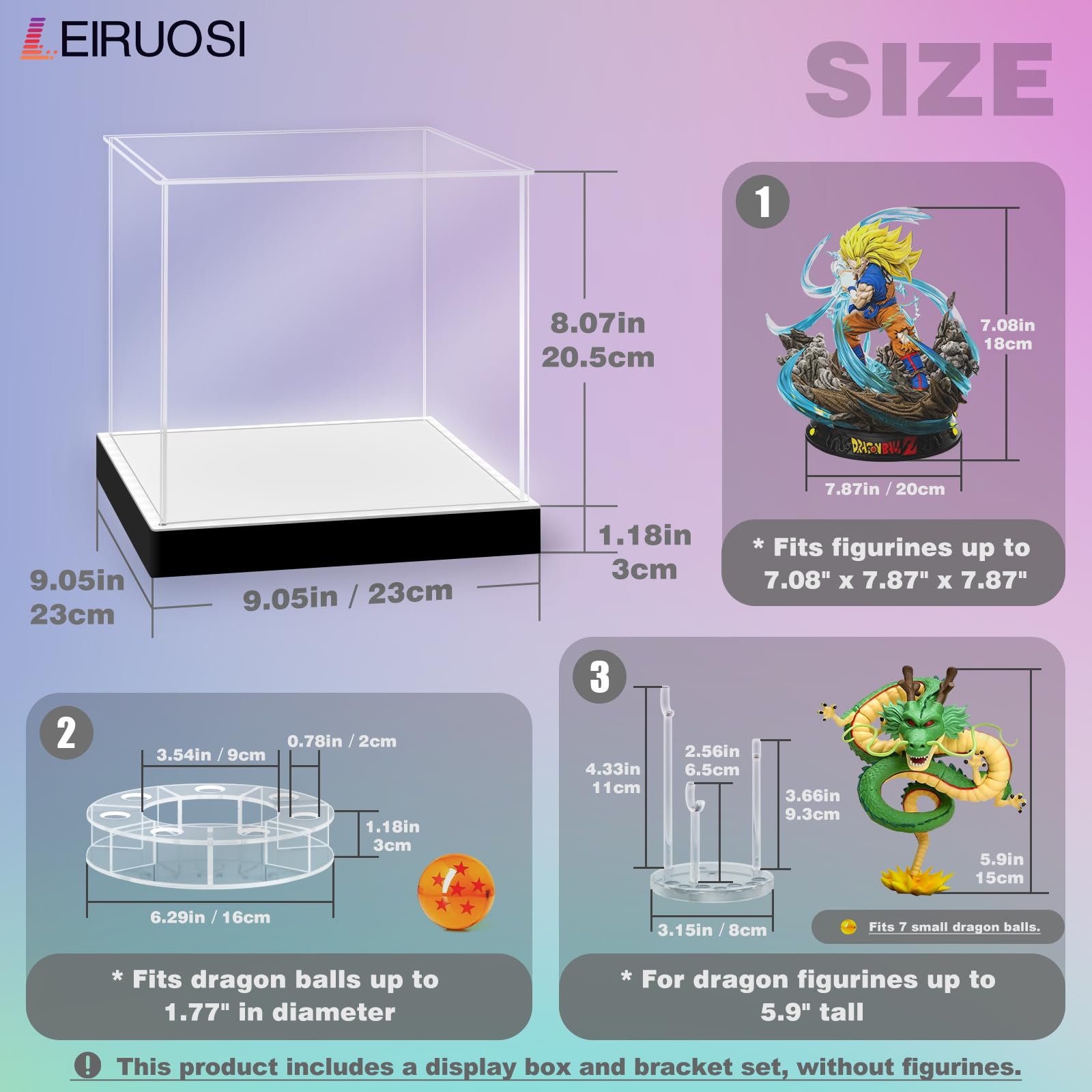 Shenron Clear Acrylic Display Case, LED Display Box Cases for Dragon Shenlong Statue, Dragon Balls & Figure with Holder Stand, Dustproof Protective