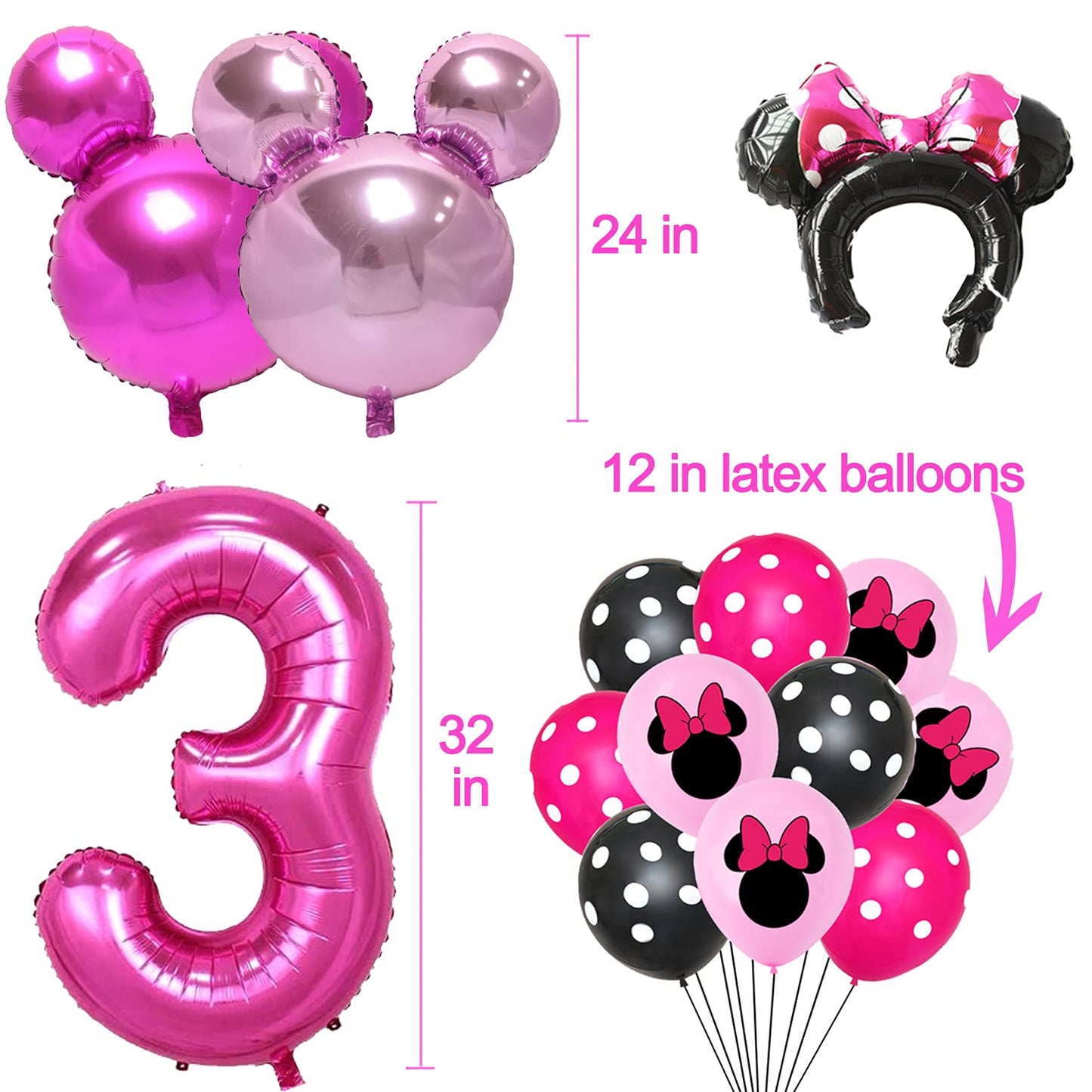 50pcs Pink Mouse Birthday Decorations 3 year old Girl Birthday Party Supplies Balloons Cake Topper Cupcake Topper