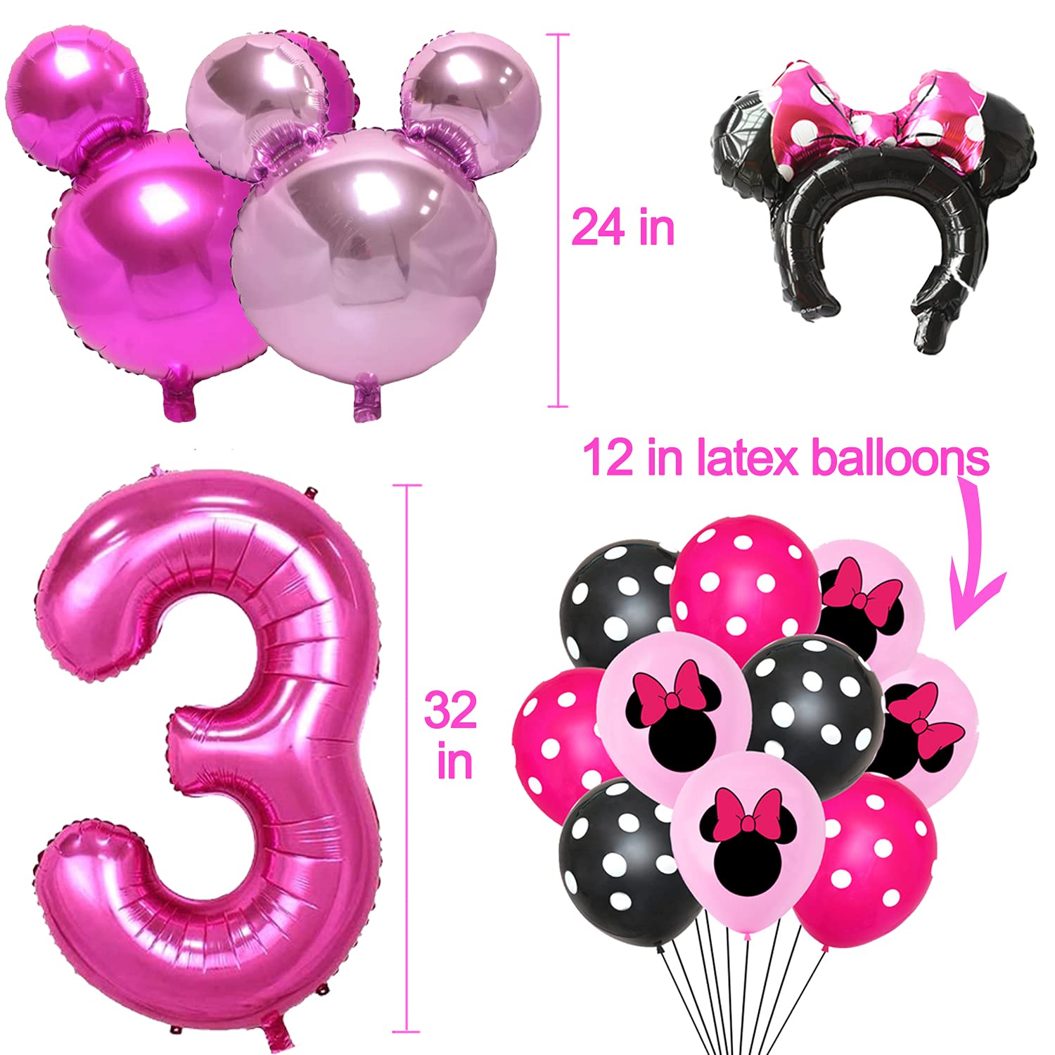 50pcs Pink Mouse Birthday Decorations 3 year old Girl Birthday Party Supplies Balloons Cake Topper Cupcake Topper