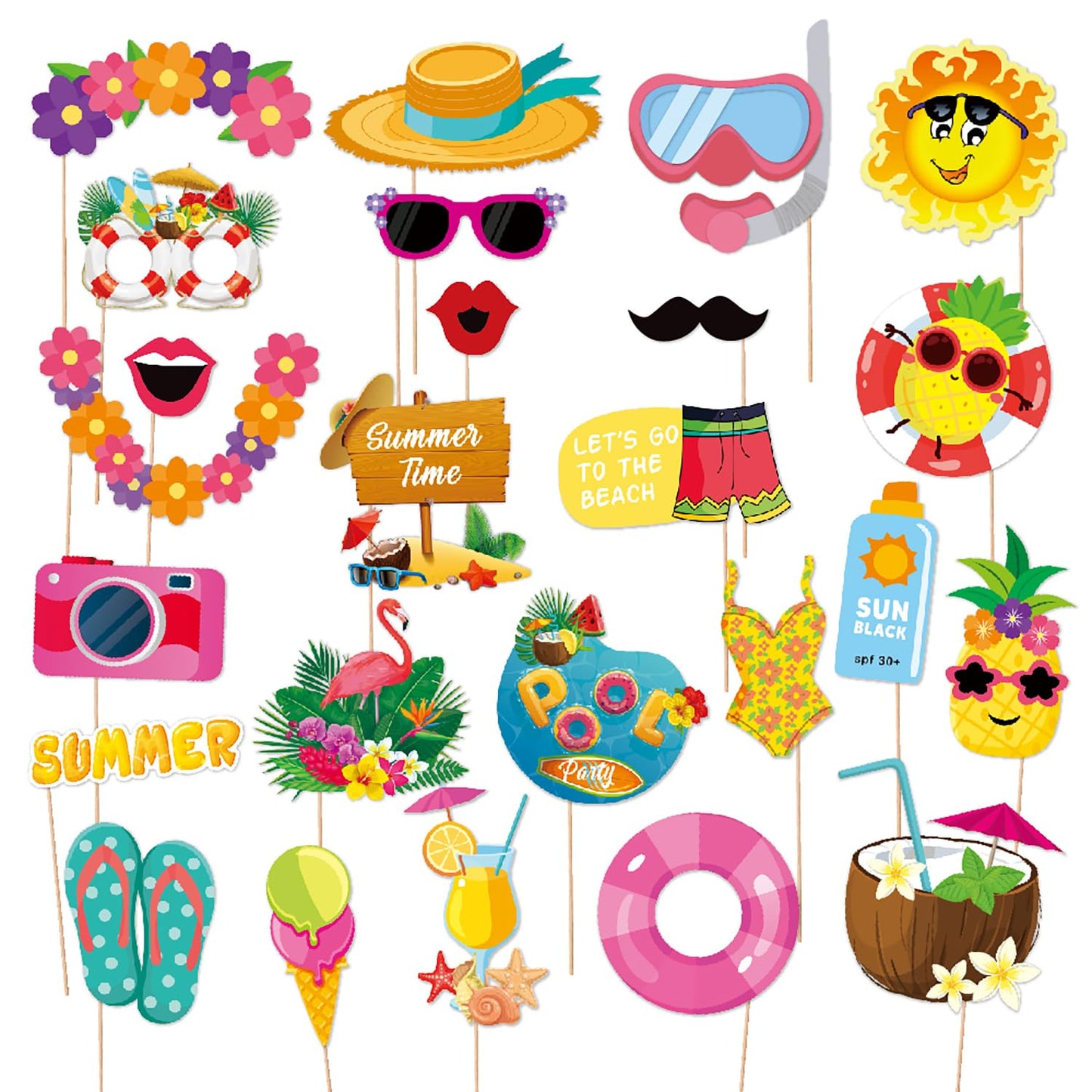 OURUOLA Summer-Hawaiian Luau Beach Party-Decorations Photo Booth - 25pcs DIY Props,Tropical Aloha Flamingo Glasses Photography Decor, Kid Adult Beach