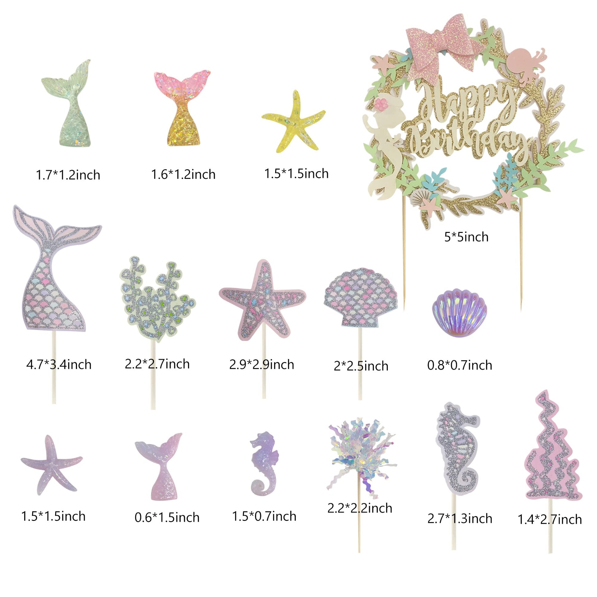 34PCS Mermaid Birthday Cake Topper Kit with Mermaid Themed Cupcake Topper Picks Glitter Seaweed Decor and Starfish Conch Seahorse Shell for Birthday