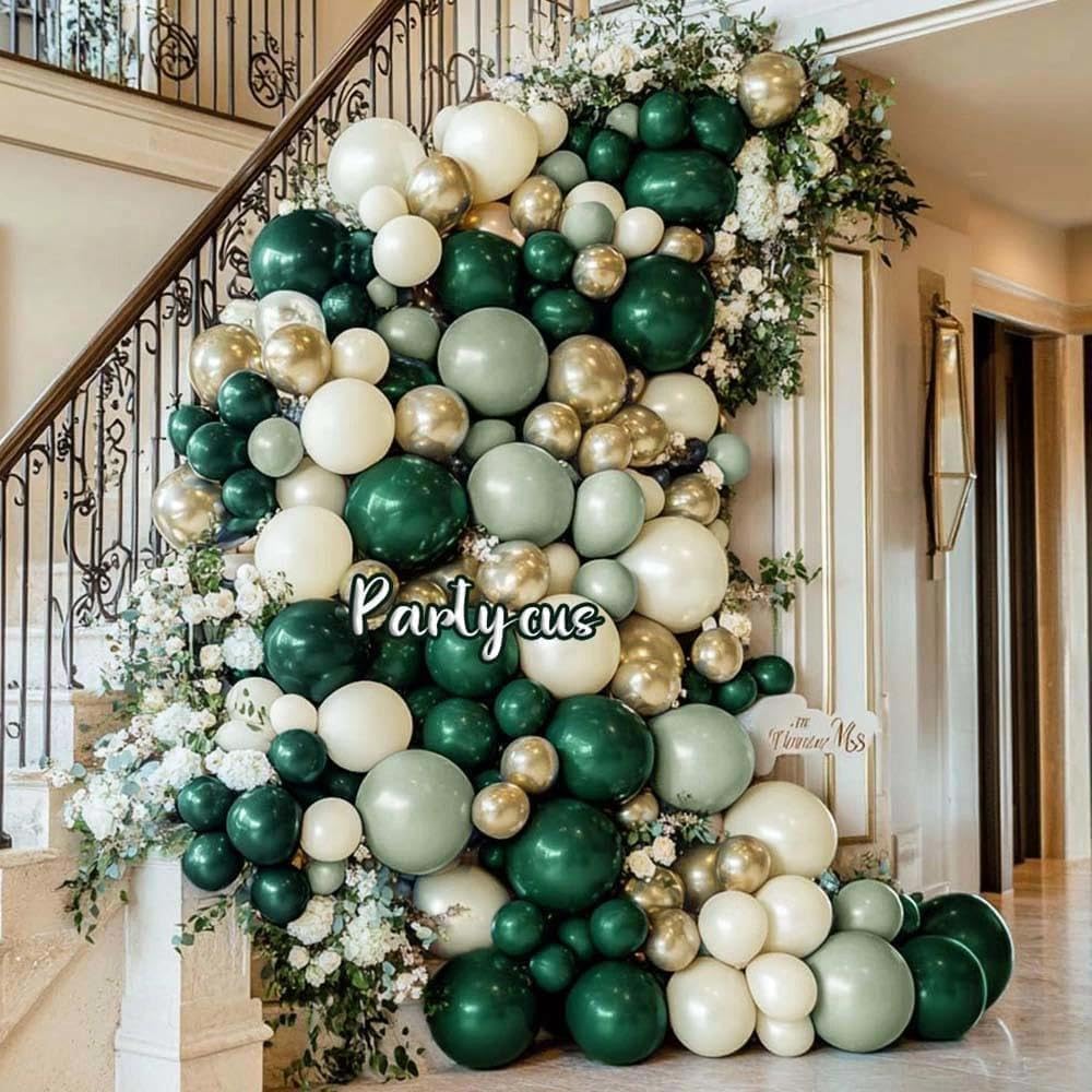 Emerald Green Gold Balloon Arch Kit Double Stuffed Dark Dusty Green Pearl White Sand Latex Balloon Garland for Birthday Baby Shower Wedding