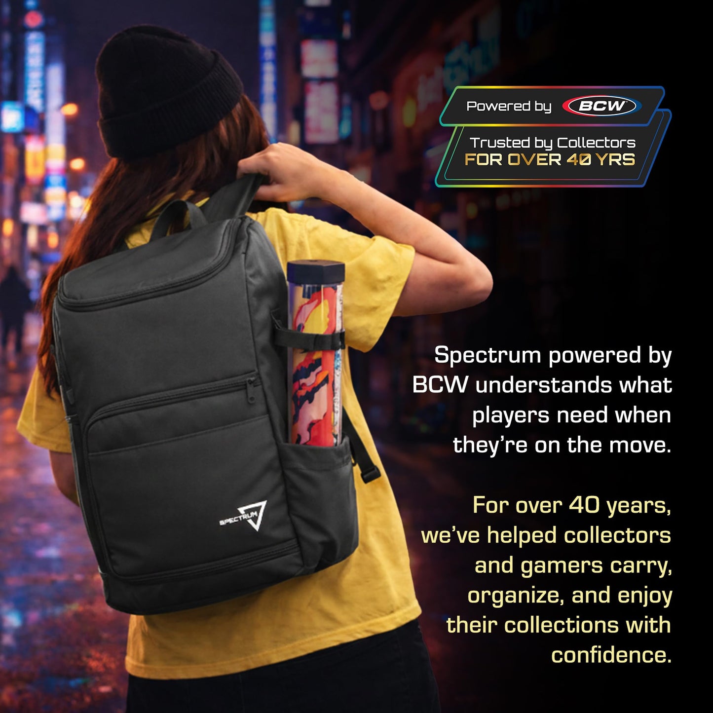 BCW Spectrum TCG Backpack | Holds 7-9 Prism Deck Cases | Configurable Storage for Cards & Gear | Playmat Strap & Side Pocket | Durable &
